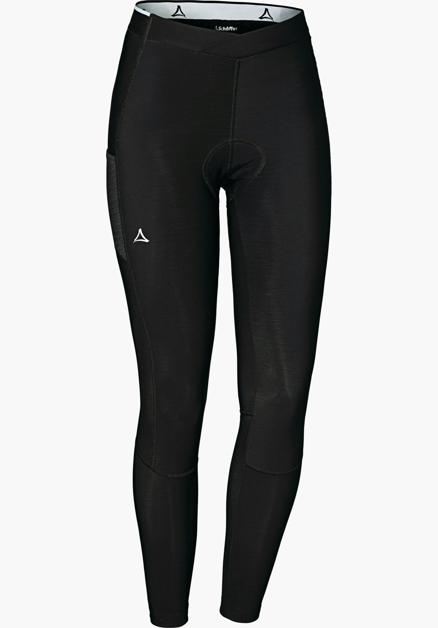 Skin Pants Warm 4h L cuissard noir ajusté avec peau de chamois, logo Schöffel sur la cuisse gauche et à la ceinture, inscription « Schöffel » à l’intérieur de la ceinture; détouré sur fond blanc.