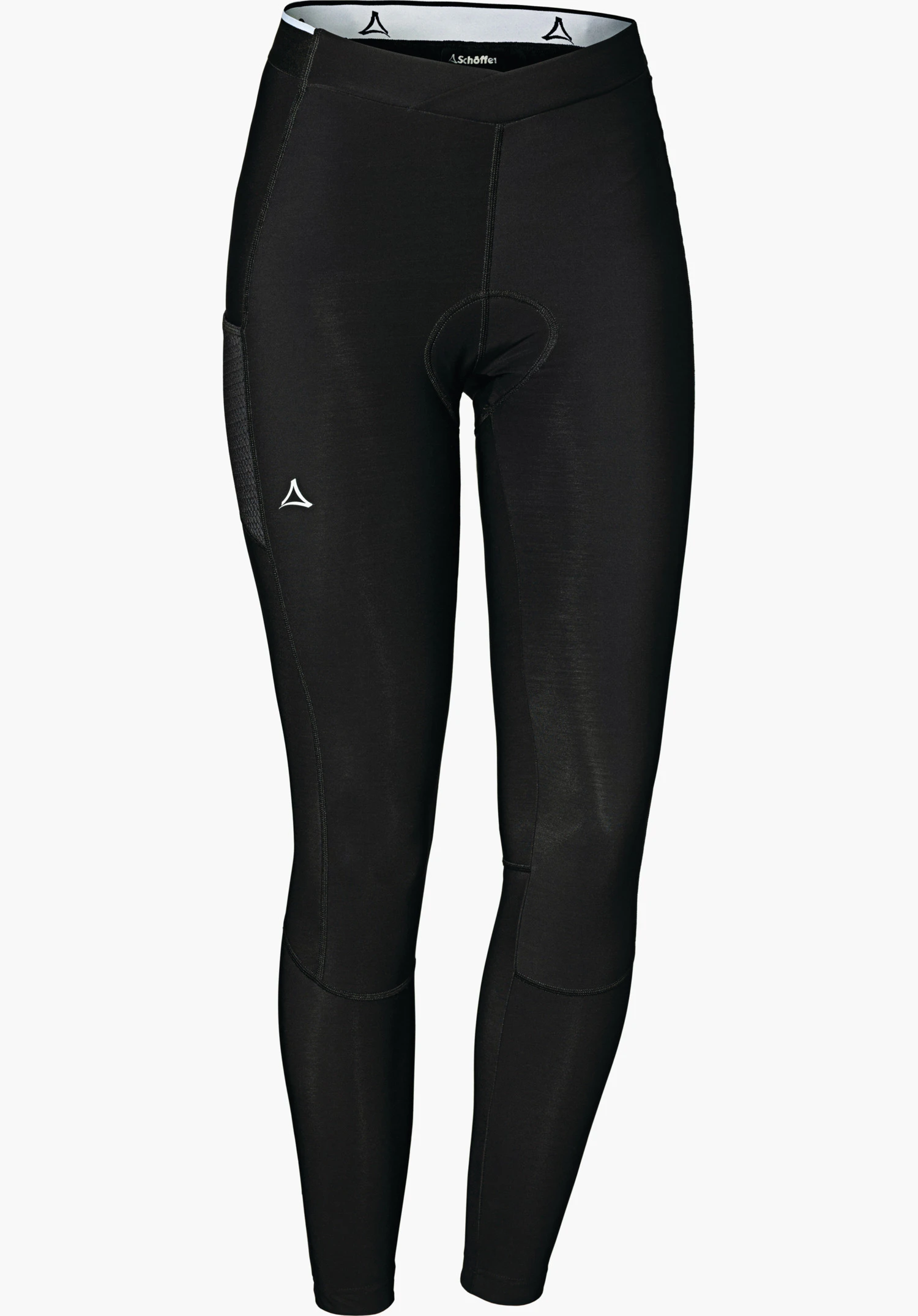 Skin Pants Warm 4h L cuissard noir ajusté avec peau de chamois, logo Schöffel sur la cuisse gauche et à la ceinture, inscription « Schöffel » à l’intérieur de la ceinture; détouré sur fond blanc.