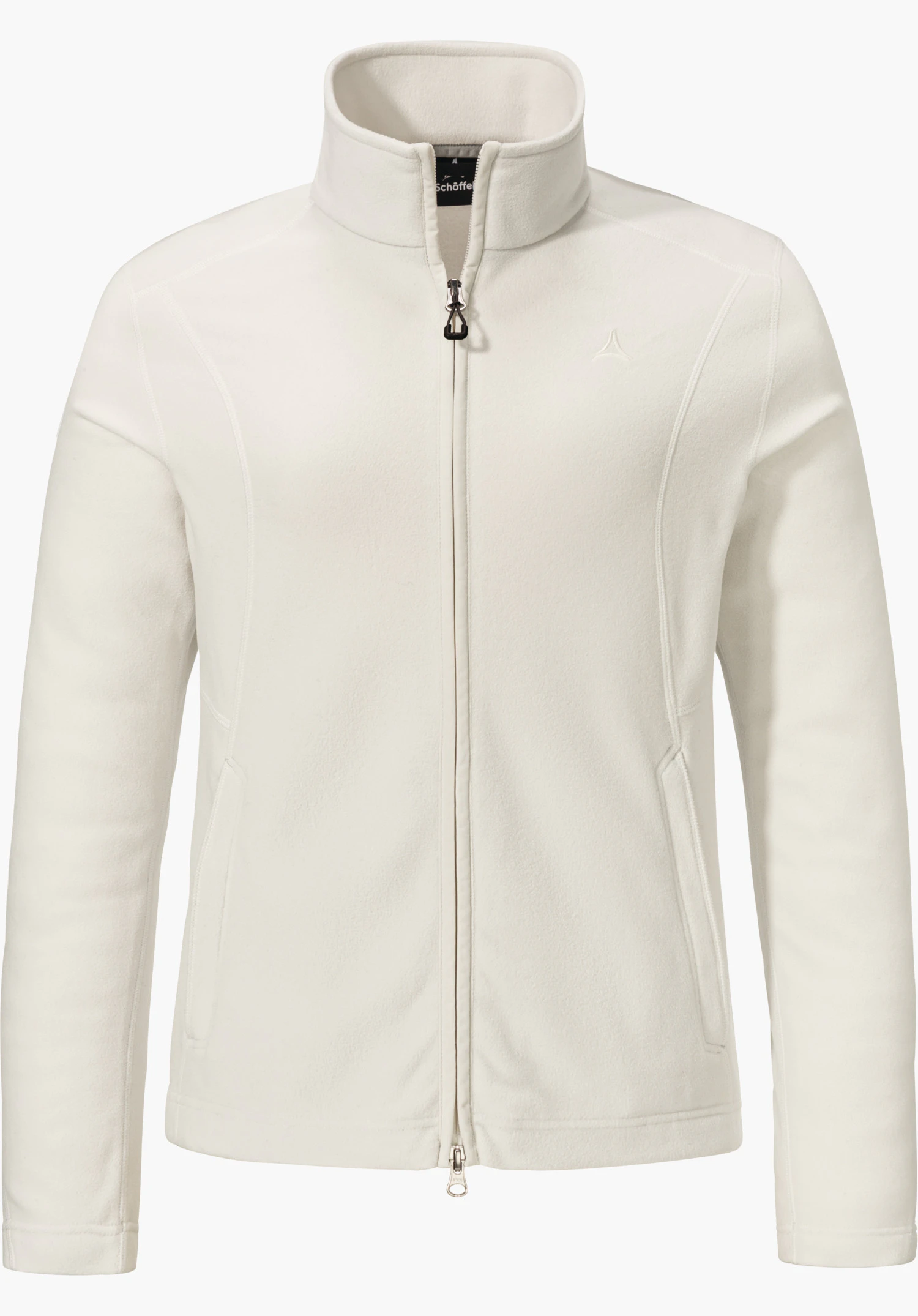 Fleece Jacket Leona3 white fleece jacket, zip closed, front view on a neutral background; Schöffel logo on left chest. Text: “Schöffel”.