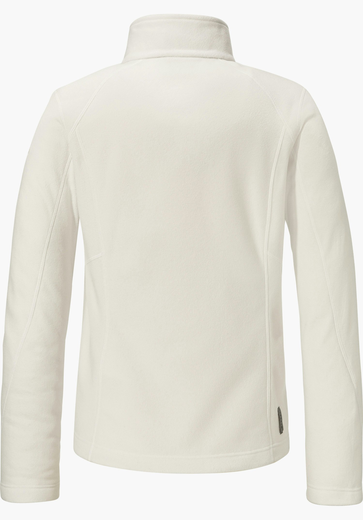 Fleece Jacket Leona3 Witte fleecejas, achteraanzicht; ligt plat, opstaande kraag en lange mouwen, zichtbare naadlijnen; neutrale lichtgrijze achtergrond.
