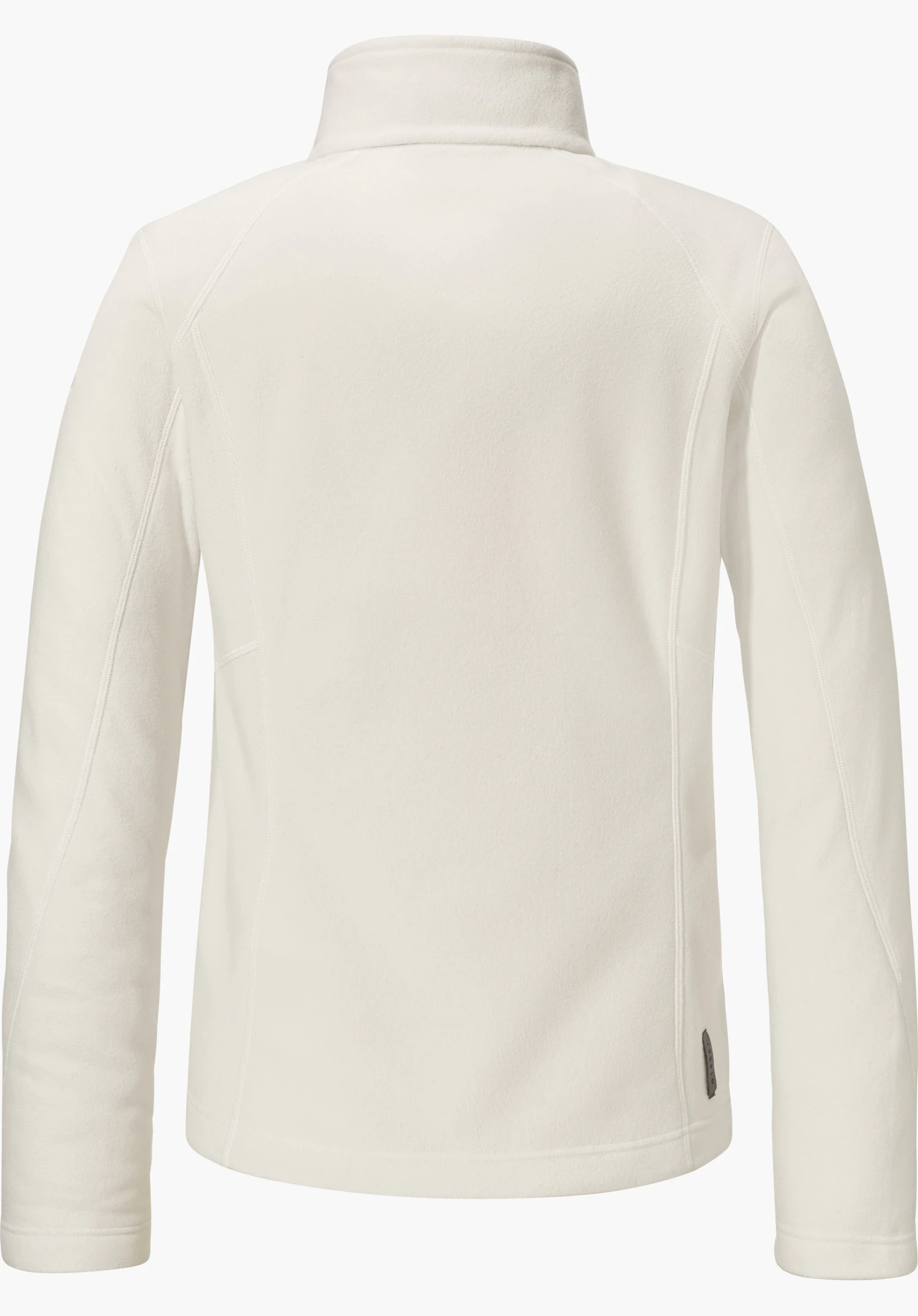 Fleece Jacket Leona3 white fleece jacket, rear view presented, lying flat, with stand-up collar and long sleeves, visible seam lines, against a neutral light grey background.