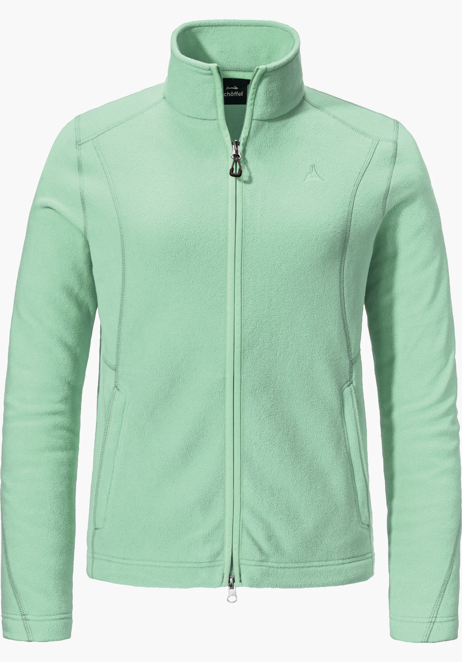 Fleece Jacket Leona3 veste polaire vert clair, fermeture éclair fermée et col montant, coupe cintrée, logo Schöffel sur la poitrine; détourée sur fond blanc. Inscription: « schöffel ».