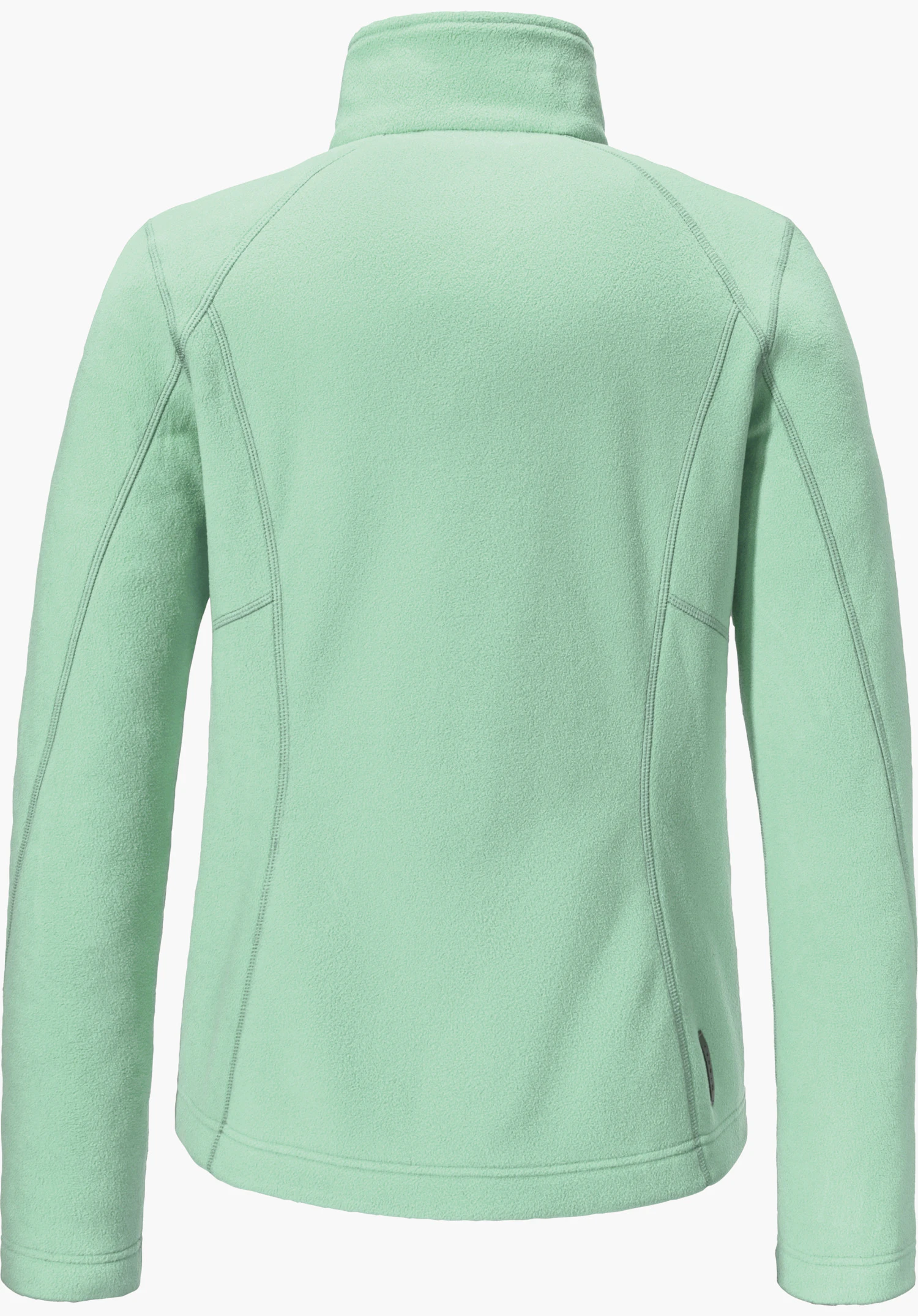 Fleece Jacket Leona3 Veste polaire vert clair, vue de dos; à plat, col montant et manches longues, lignes de couture visibles, fond gris clair neutre.