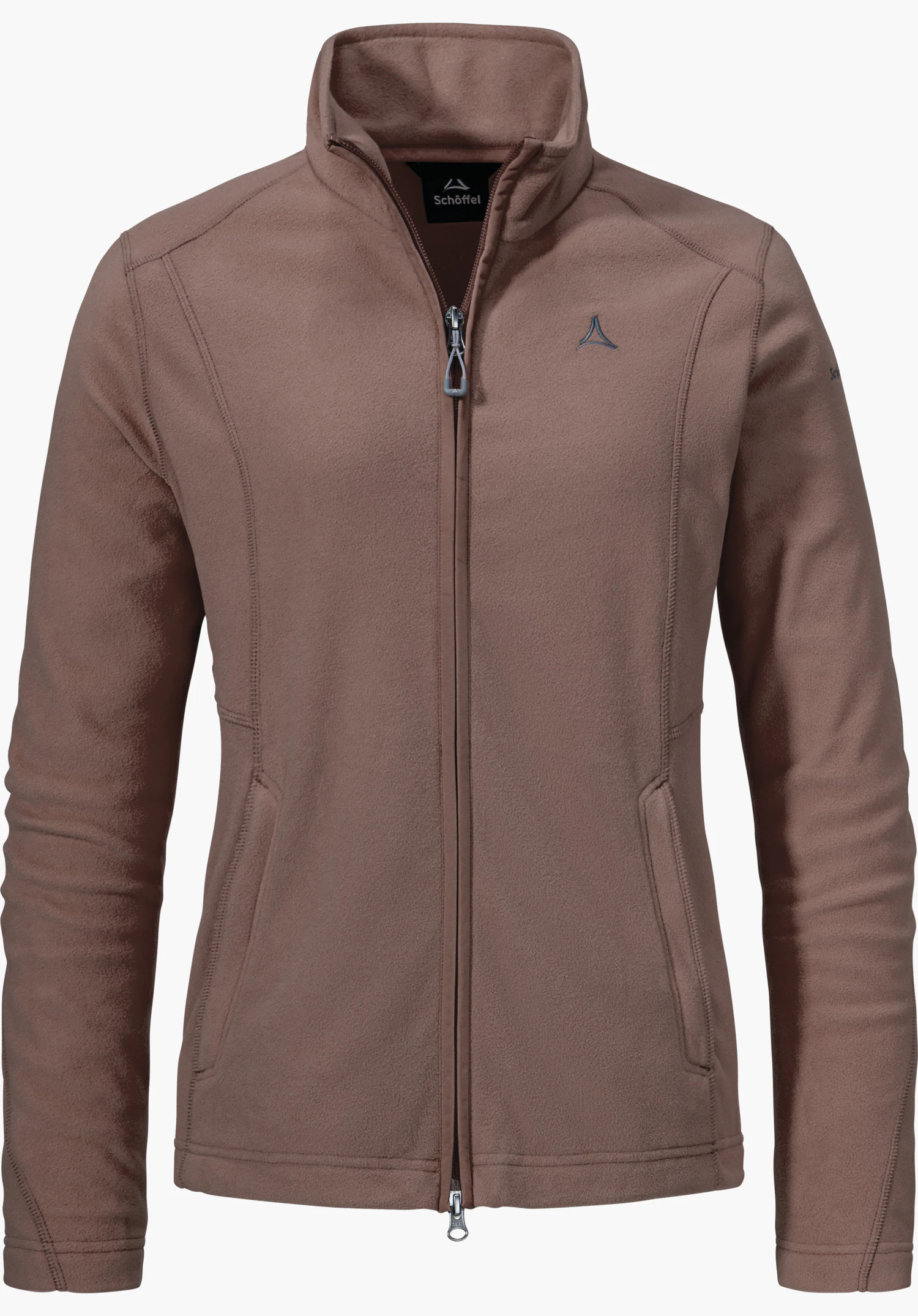 Fleece Jacket Leona3 in Braun mit durchgehendem Reißverschluss, Seitentaschen und Schöffel-Logo auf der linken Brust, freigestellt vor weißem Hintergrund.