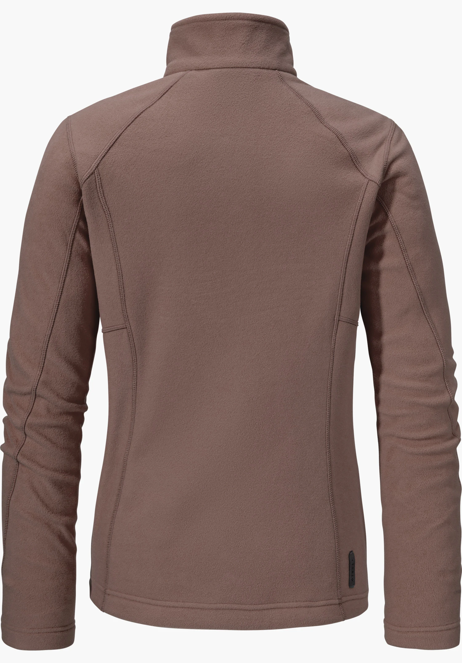 Fleece Jacket Leona3 in Braun, Rückansicht mit Stehkragen, freigestellt vor weißem Hintergrund.