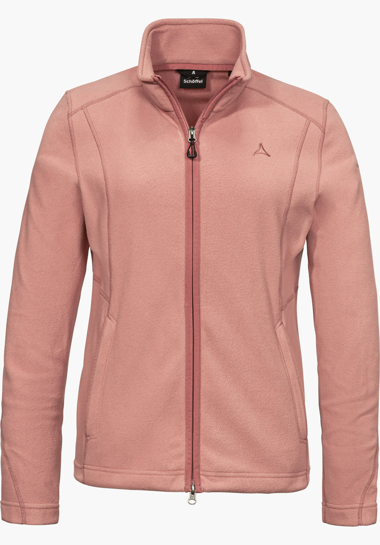 Fleece Jacket Leona3 Fleecejacke in rosa in Frontansicht mit durchgehendem Reißverschluss, Stehkragen und dezentem Schöffel-Logo, freigestellt vor weißem Hintergrund.