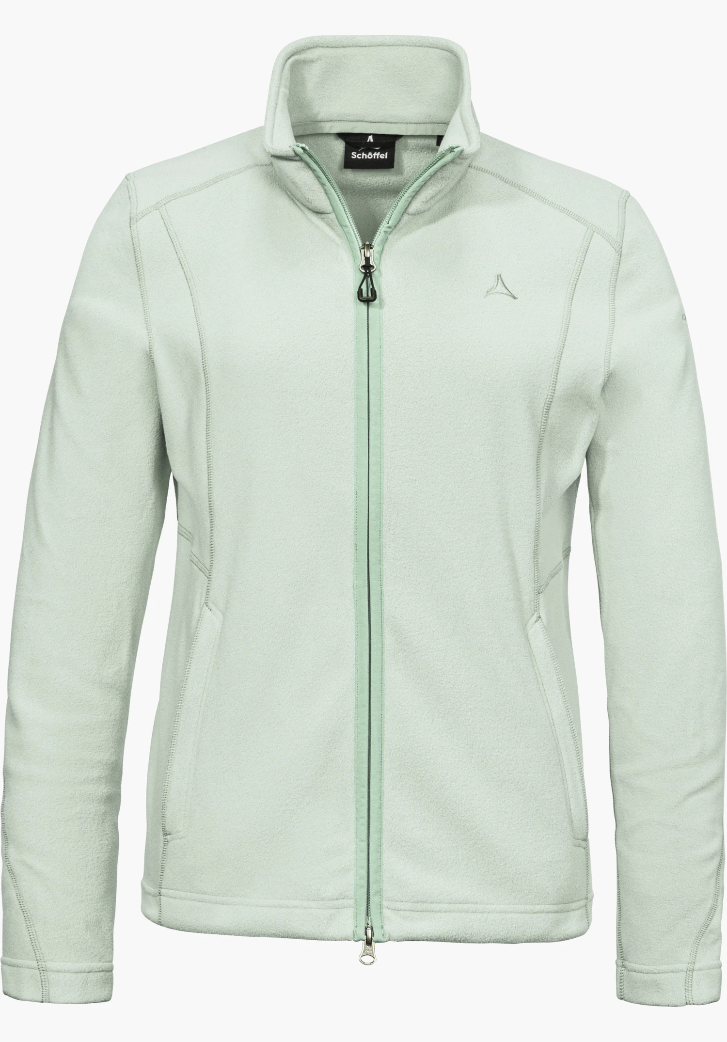 Fleece Jacket Leona3 Fleecejacke in grün in Frontansicht mit durchgehendem Reißverschluss, Stehkragen und Schöffel-Logo, freigestellt vor weißem Hintergrund.