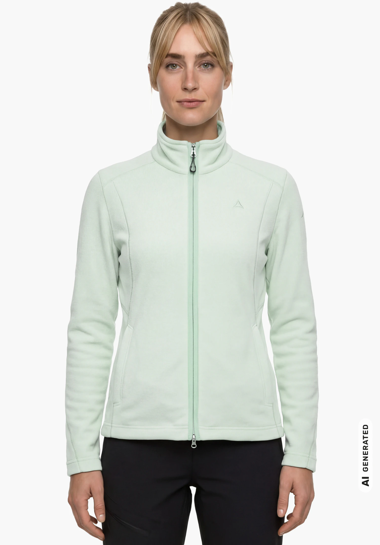 Fleece Jacket Leona3 in green with Schöffel logo, worn by a female model standing upright and shown from the front with arms hanging down against a white background. (AI-generated)