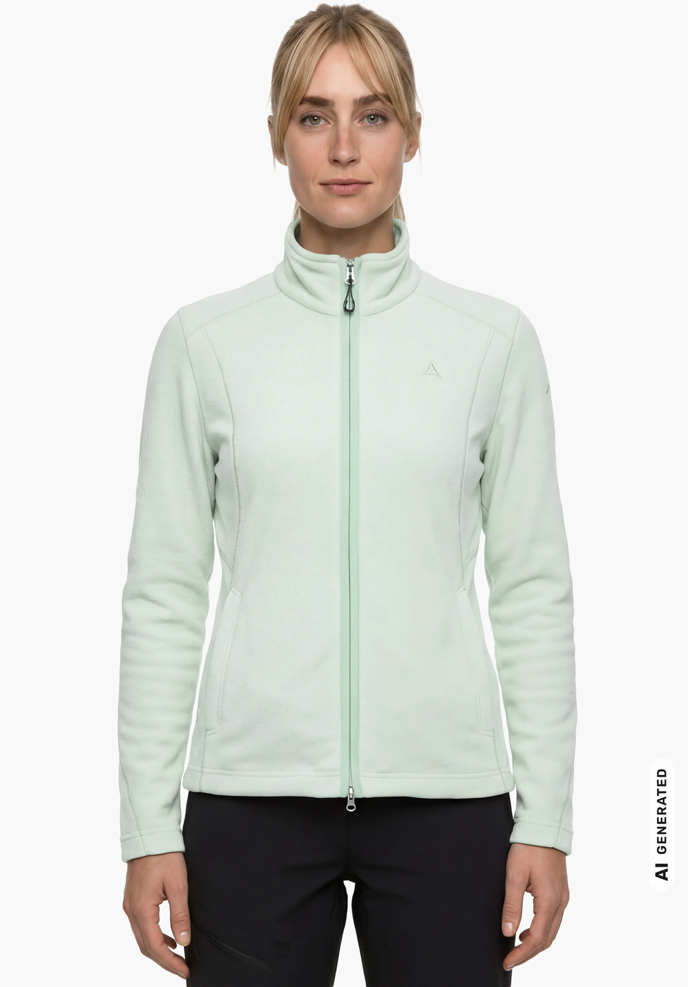 Fleece Jacket Leona3 en vert avec un col montant et le logo Schöffel visible, porté par un mannequin femme debout bien droite les bras le long du corps en vue de face sur fond blanc. (Généré par IA)