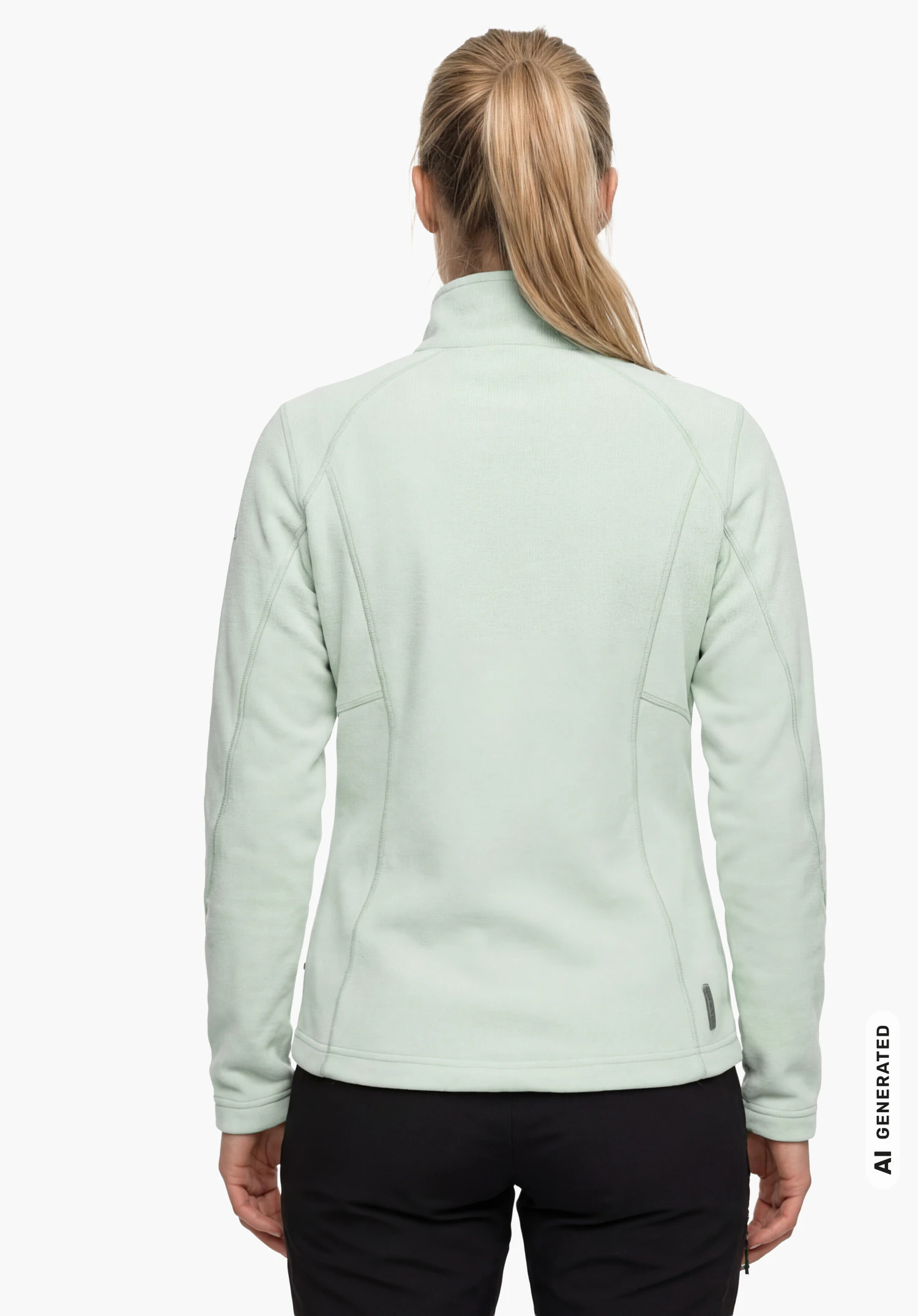 Fleece Jacket Leona3 in green, worn by a female model standing upright and shown from the back with arms hanging down against a white background. (AI-generated)