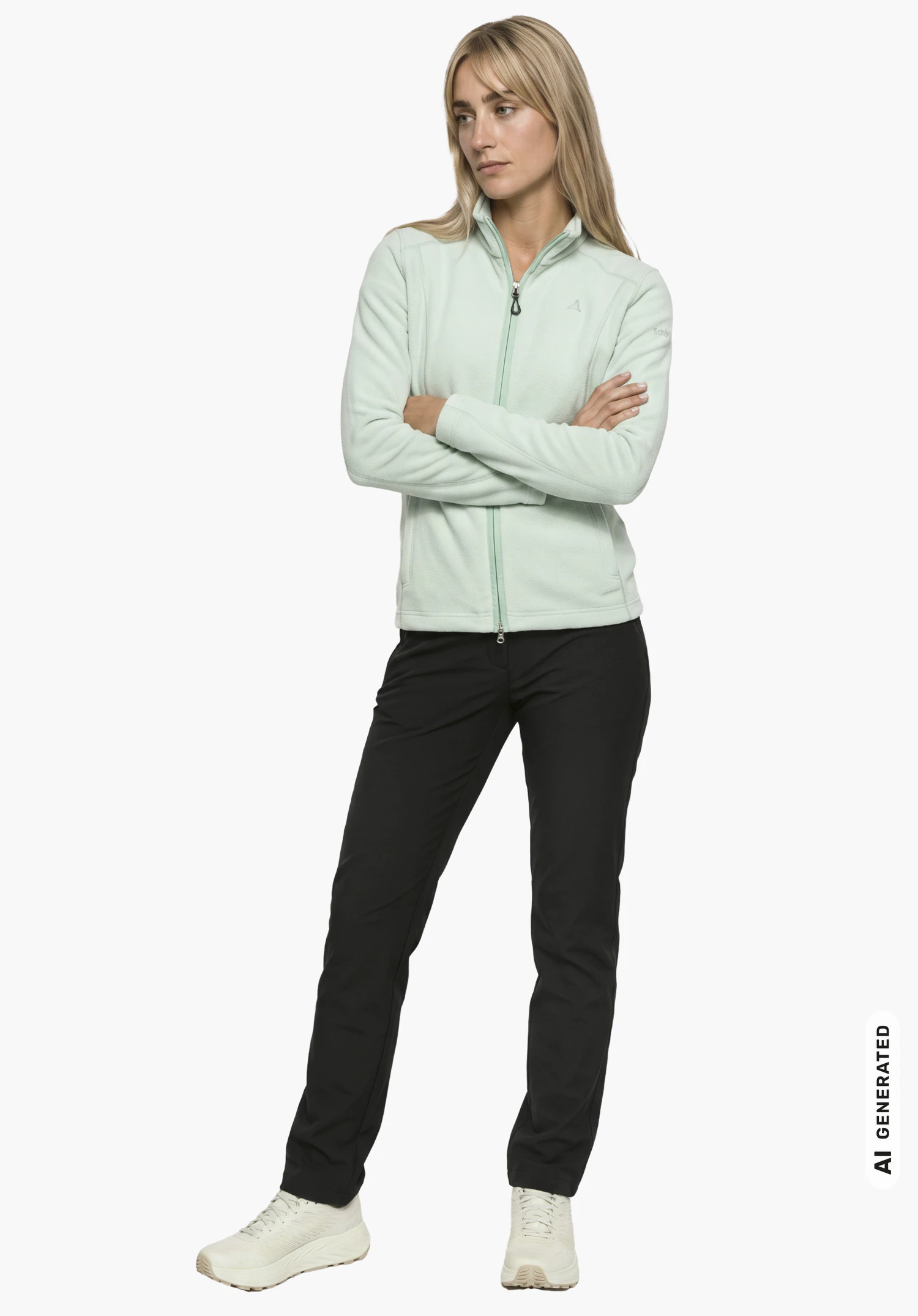 Fleece Jacket Leona3 in green, featuring the visible Schöffel logo, worn by a female model with crossed arms in a side view against a white background. (AI-generated)