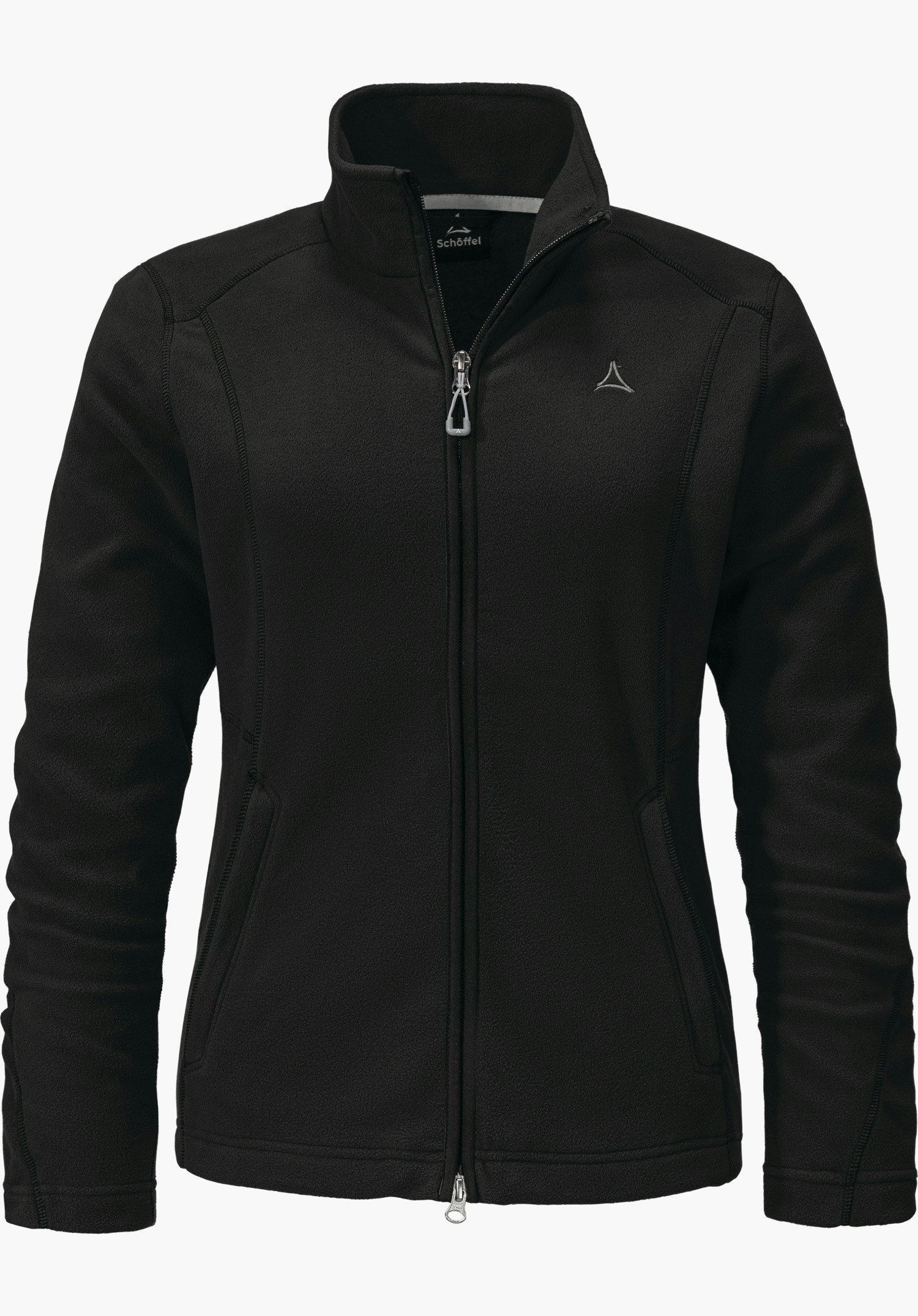 Fleece Jacket Leona3 veste polaire noire, fermeture éclair fermée et col droit, poches latérales, logo Schöffel sur la poitrine; détourée sur fond blanc. Inscription sur étiquette: « Schöffel ».