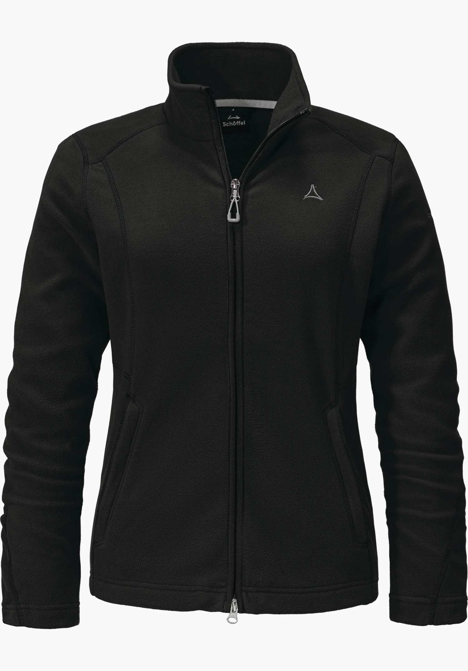 Fleece Jacket Leona3 black fleece jacket with closed zip and upright collar, side pockets; Schöffel logo on the chest; isolated on a white background. Label text: “Schöffel”.