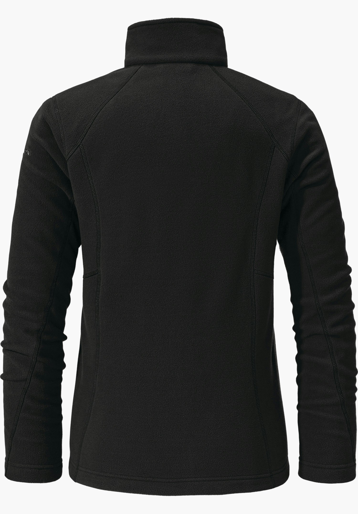 Fleece Jacket Leona3 Veste polaire noire, vue de dos; col montant, manches longues, coutures visibles; fond blanc.