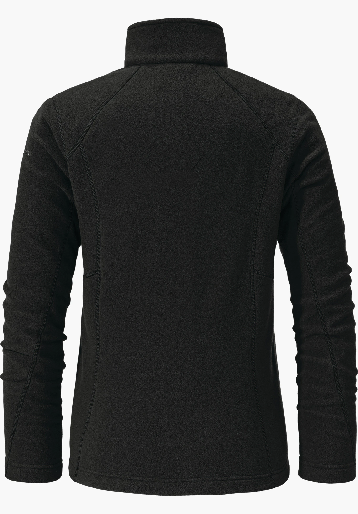 Fleece Jacket Leona3 black fleece jacket, showing rear view; stand-up collar and long sleeves, visible seams, against a white background.