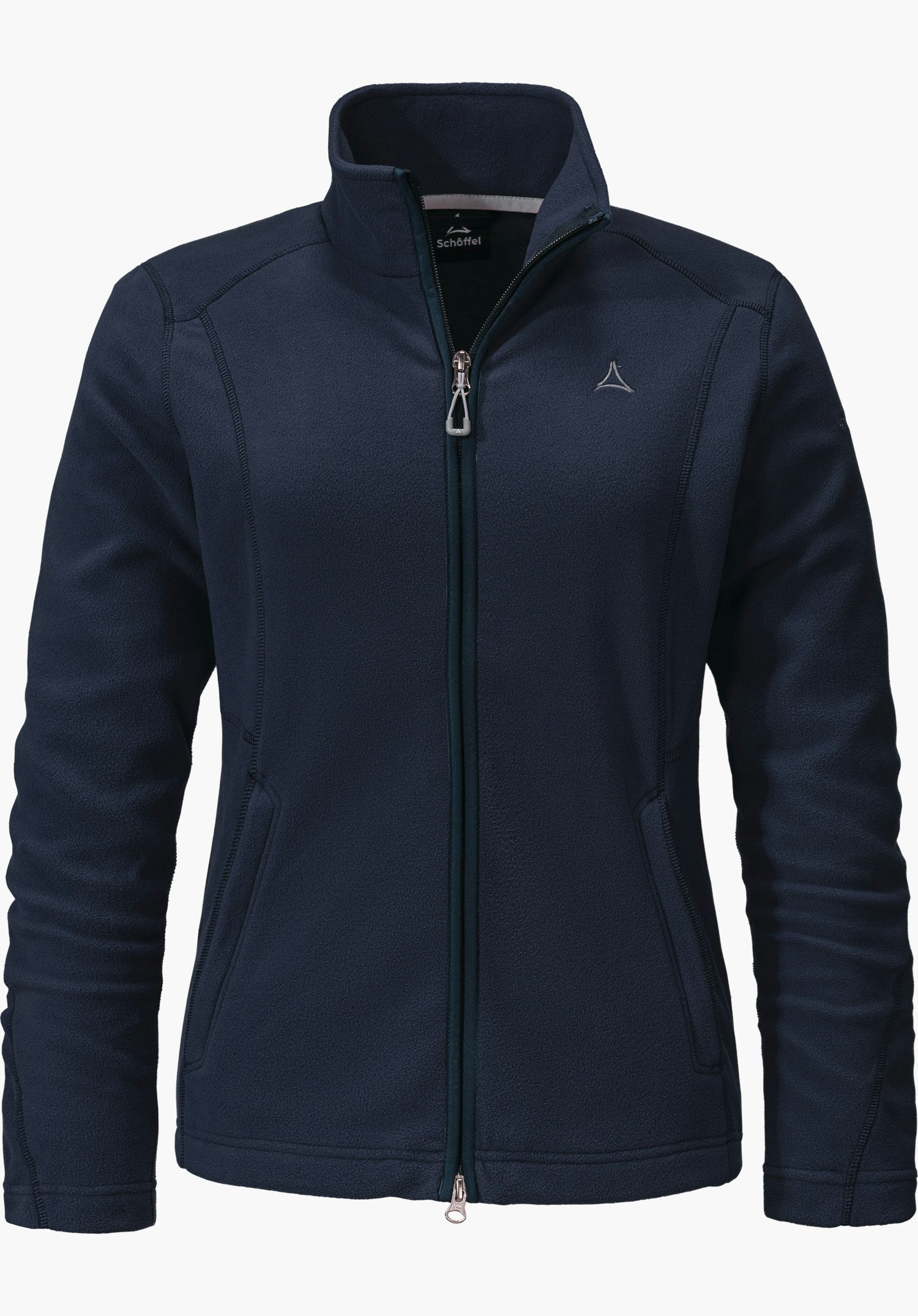 Fleece Jacket Leona3 veste polaire bleu foncé, fermée par fermeture éclair, sur fond blanc; logo Schöffel sur la poitrine. Inscription: « Schöffel ».