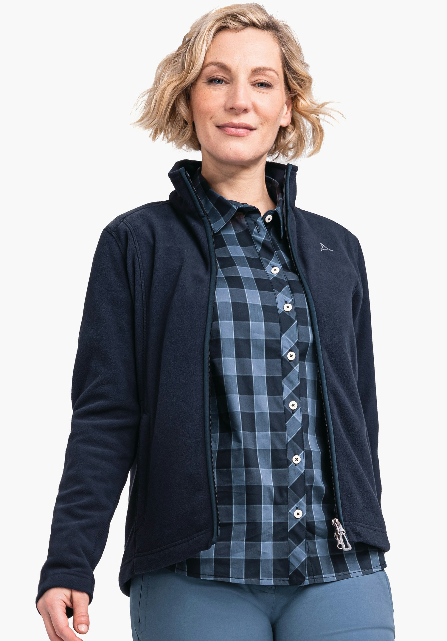 Fleece Jacket Leona3 shows the fine texture of the blue fabric, the collar and the Schöffel logo on the chest. Close-up against a white/neutral background.