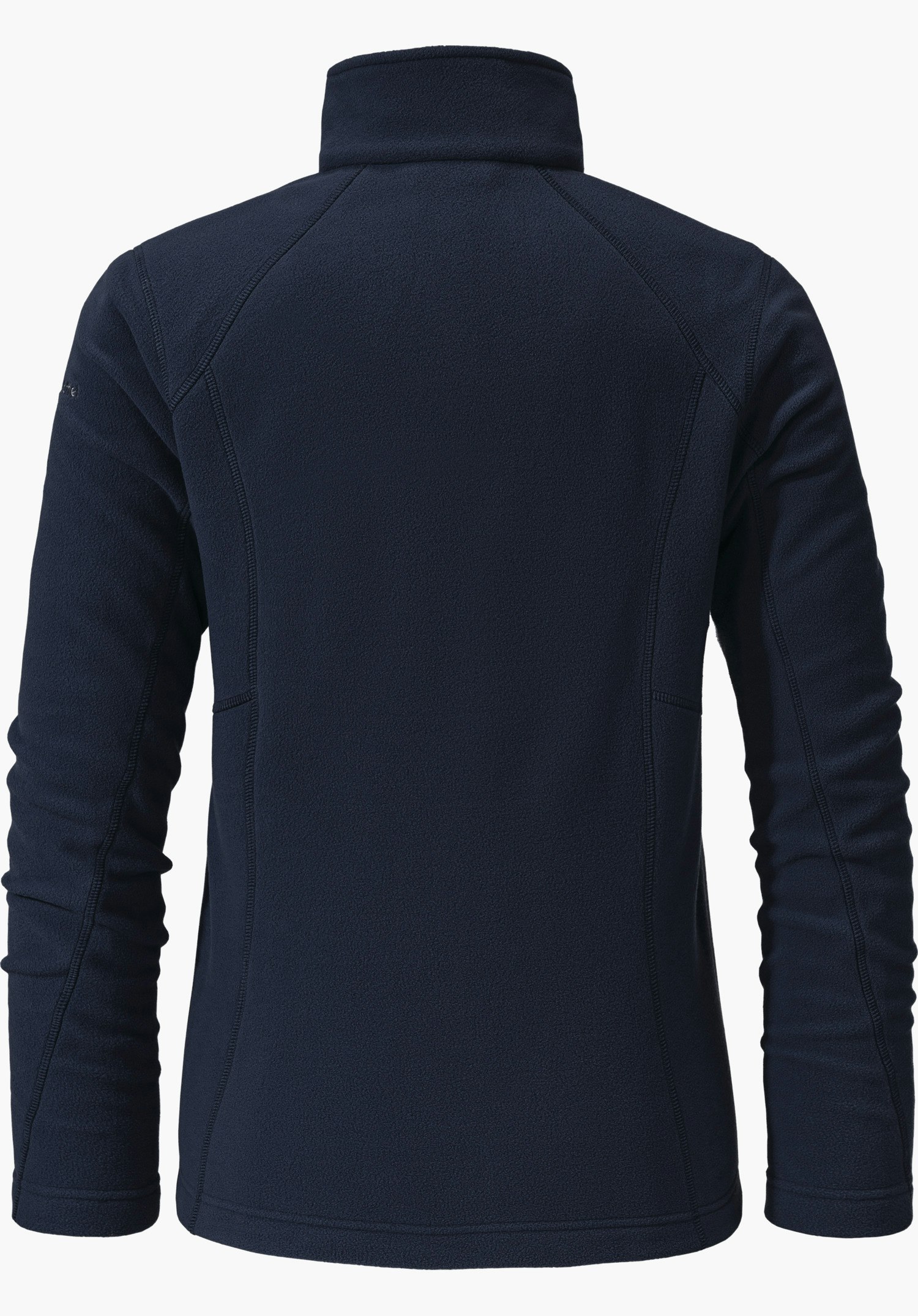 Fleece Jacket Leona3 dark blue fleece jacket, presented from the back, with stand-up collar and vertical seams, straight cut against a white background.