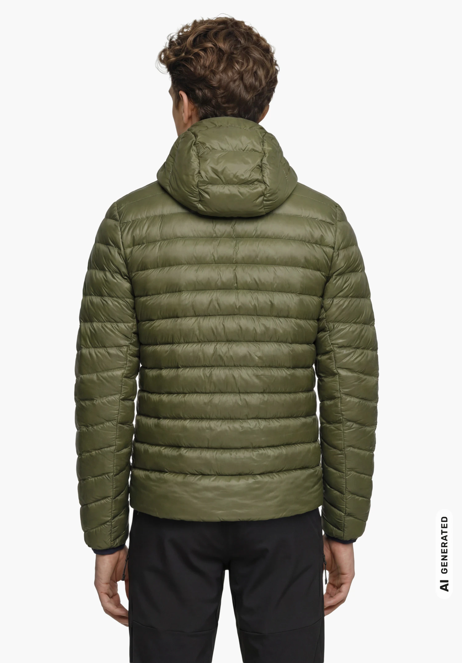 Down Jacket Silvretta M down jacket in green, worn by a male model standing upright and shown from the back with the hood up against a white background. (AI-generated)