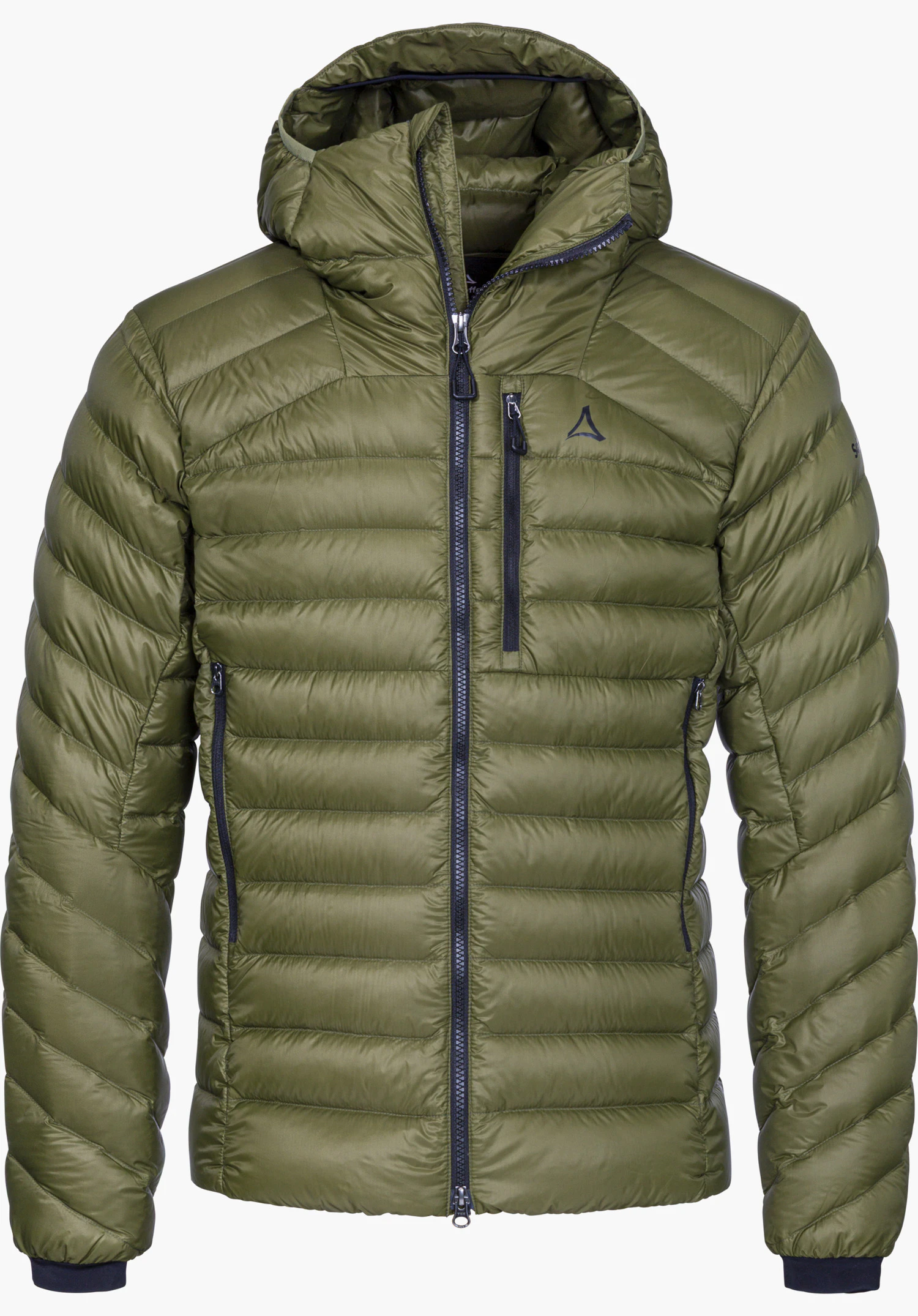 Down Jacket Silvretta M down jacket in green with a quilted design, hood, full-length front zipper, chest pocket and Schöffel logo, isolated on a white background.