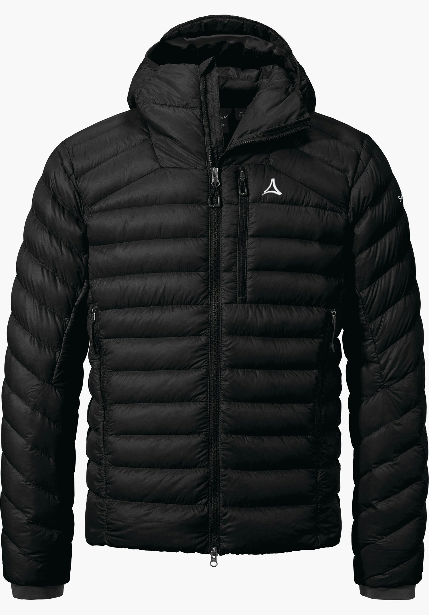 Down Jacket Silvretta M Schwarze gesteppte Daunenjacke mit durchgehendem Reißverschluss, frontal dargestellt mit Kapuze auf weißem Hintergrund; zwei seitliche Reißverschlusstaschen, Schöffel-Logo auf Brust.