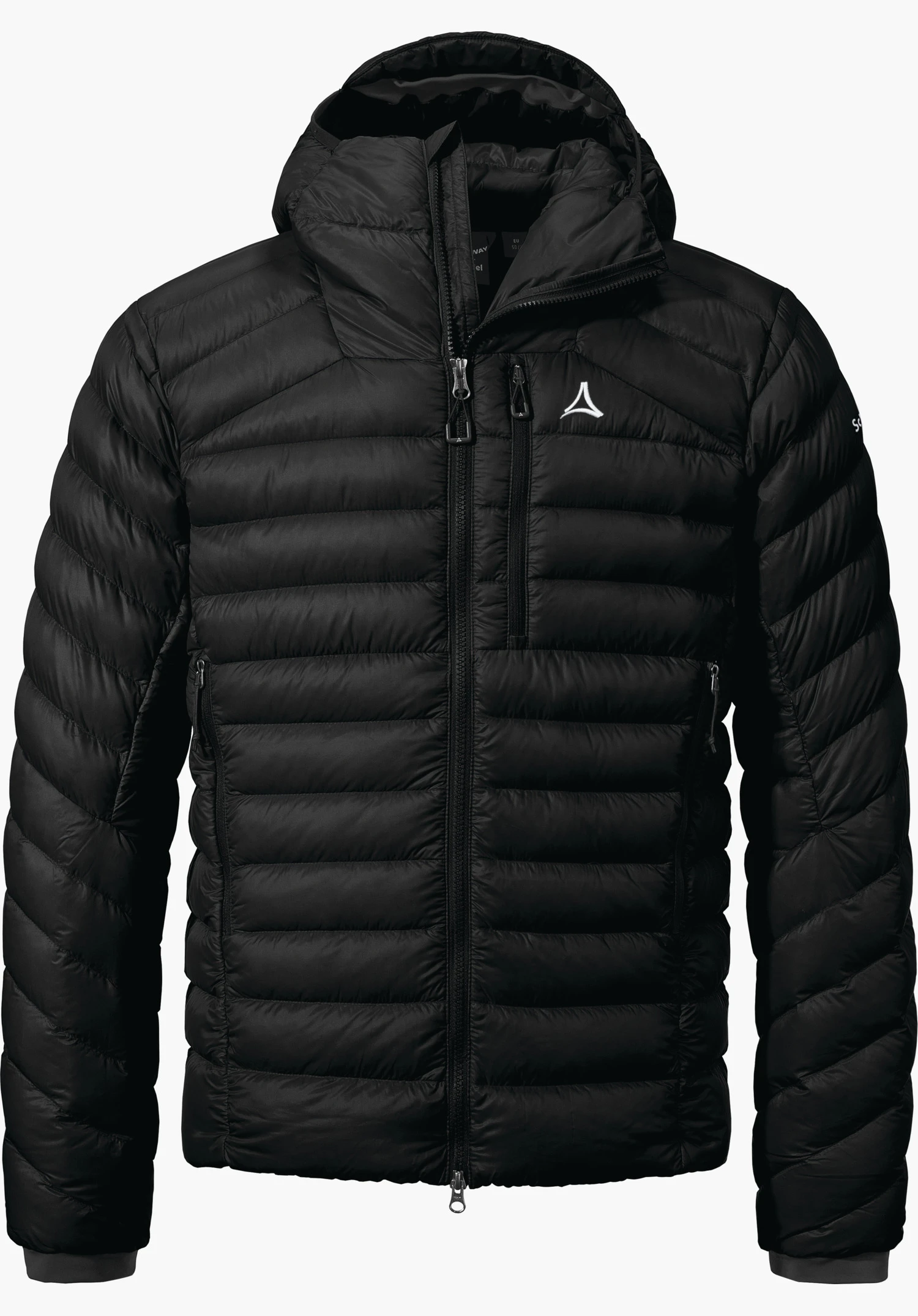 Down Jacket Silvretta M black quilted down jacket with full-length zip, front view with hood on a white background; two side zip pockets, Schöffel logo on the chest.
