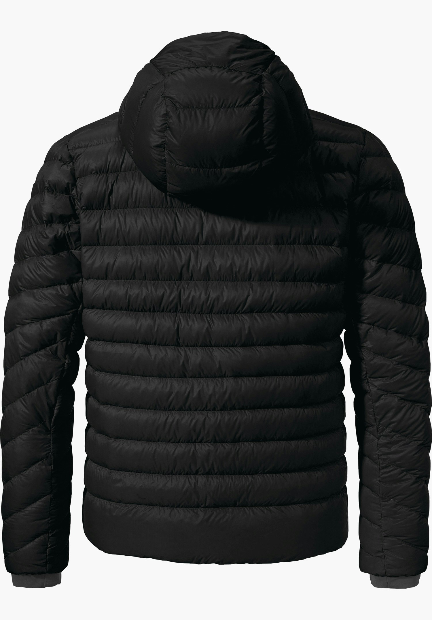 Down Jacket Silvretta M schwarze Steppjacke mit Kapuze, von hinten präsentiert; horizontale Steppnähte, lange Ärmel, glatter weißer Hintergrund.