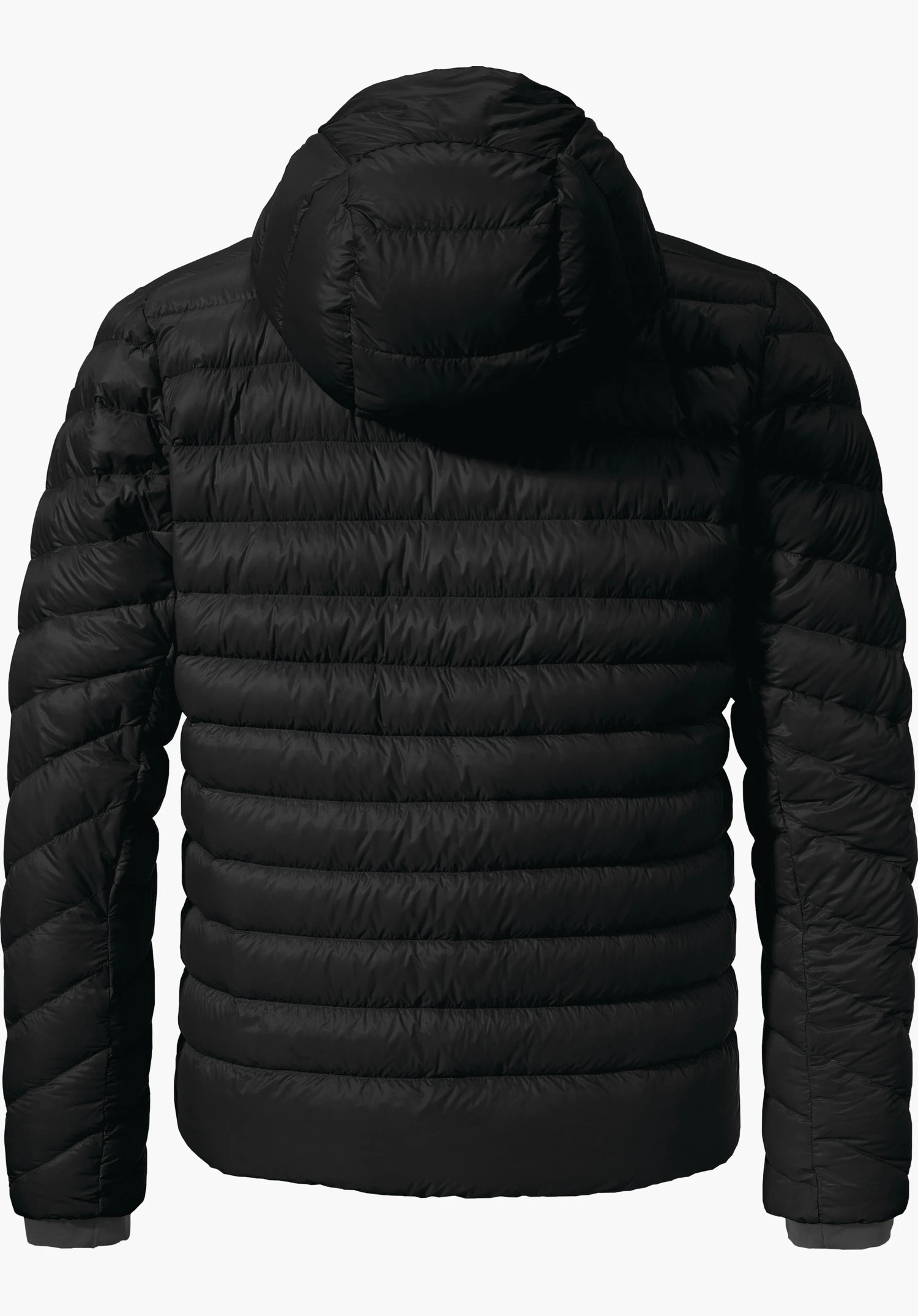 Down Jacket Silvretta M black quilted jacket with hood, presented from the back; horizontal quilted seams, long sleeves, smooth white background.