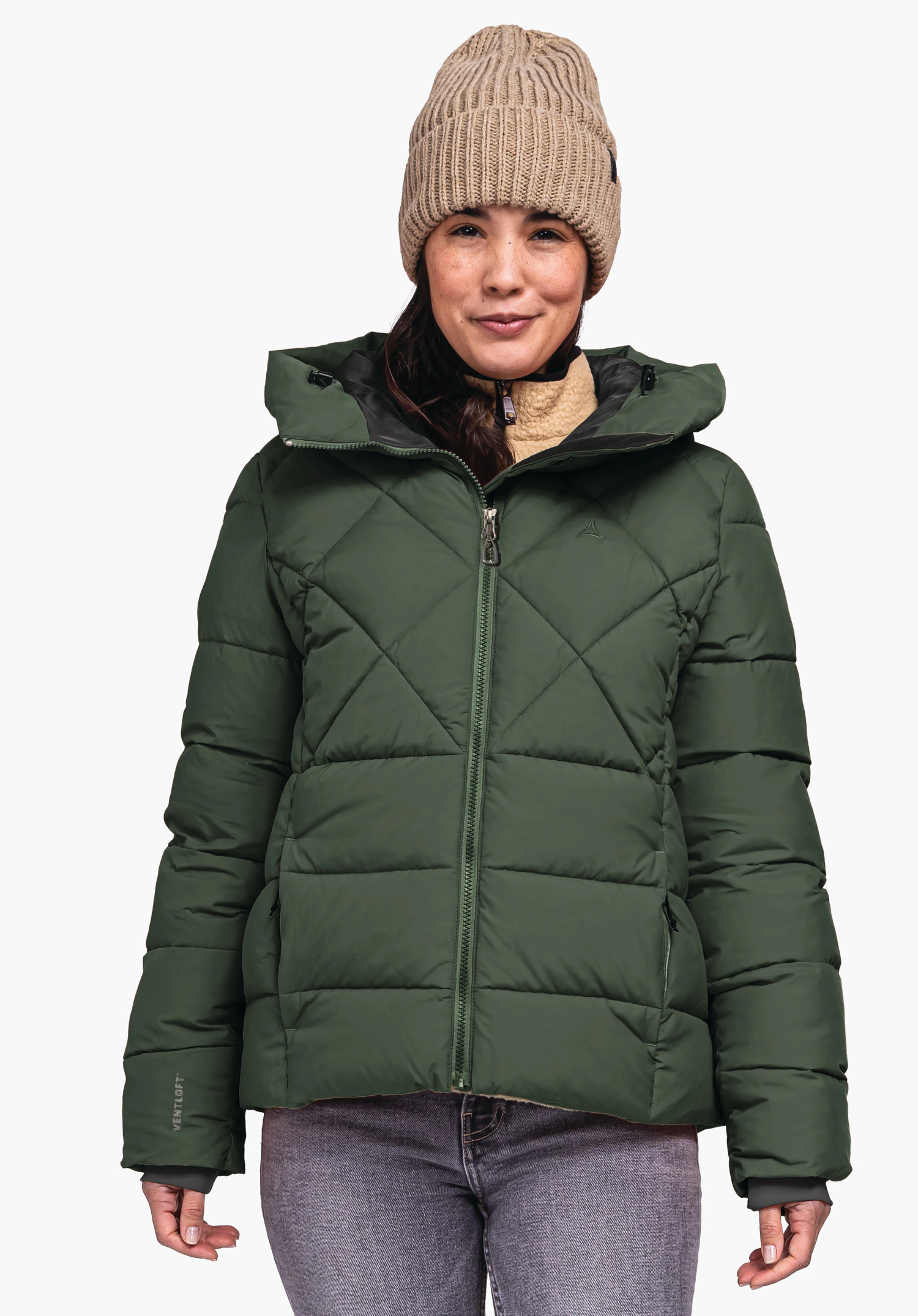 Ins Jacket Boston L dark green quilted jacket worn by a person with zip closed; Schöffel logo on the chest; white background. Text on sleeve: VENTLOFT.