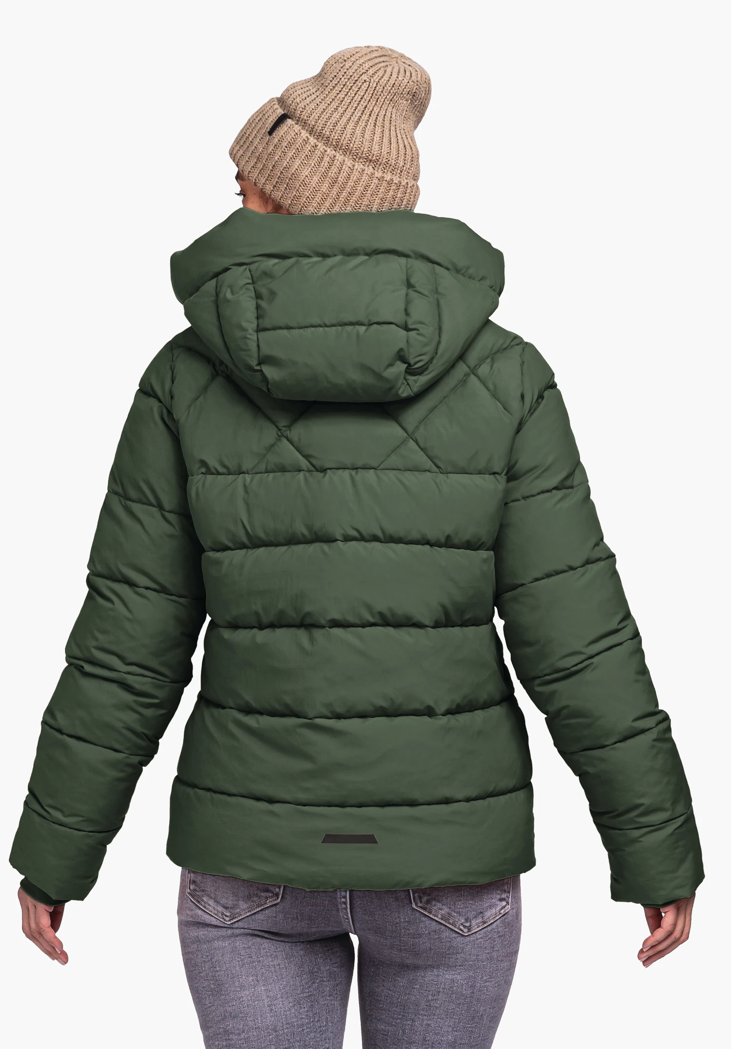 Ins Jacket Boston L dark green quilted jacket worn by a person standing with back to the camera; hood on, paired with a light brown knitted beanie and grey jeans; light background.