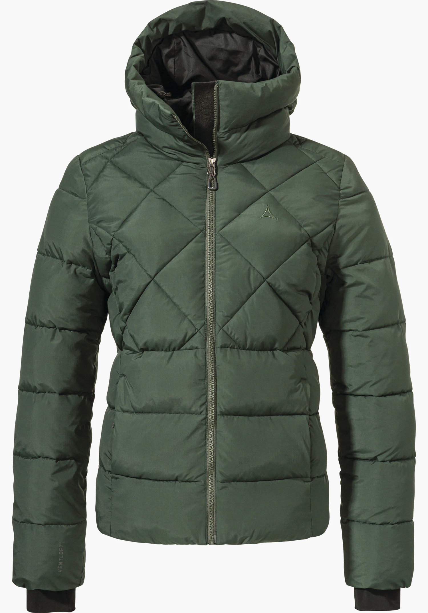 Ins Jacket Boston L dark green quilted jacket, front view, zip closed, high hood, slightly shaped fit, on a light background; Schöffel logo on the chest. Text: “VENTLOFT”.