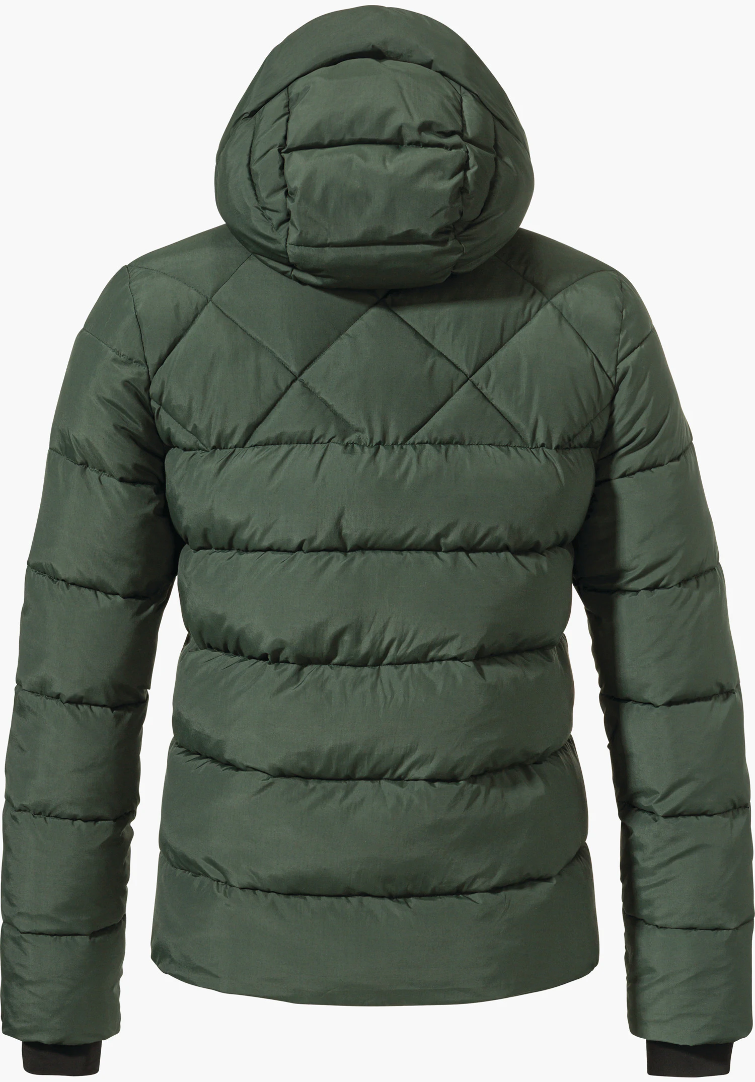 Ins Jacket Boston L dark green quilted jacket, shown from the back, with hood, horizontal and diagonal quilting; sleeves lowered, freestanding against a neutral light background.