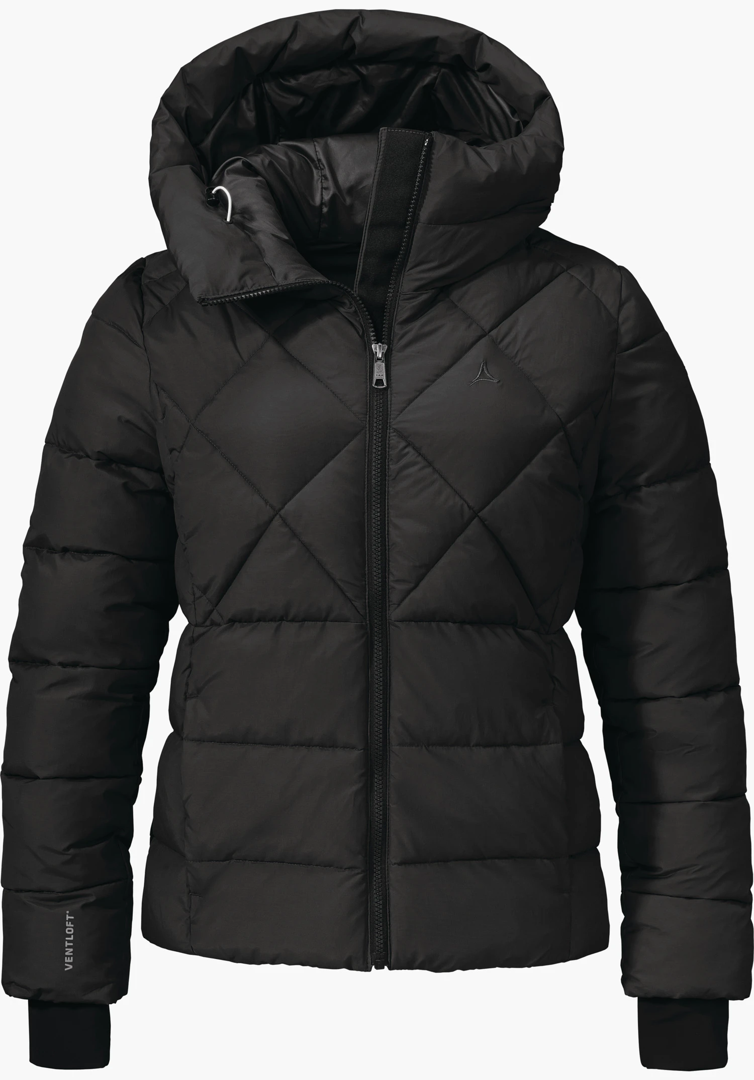 Ins Jacket Boston L black padded jacket with high hood and closed zip, front view; visible Schöffel logo on the chest; sleeve print “VENTLOFT”; isolated on a white background.