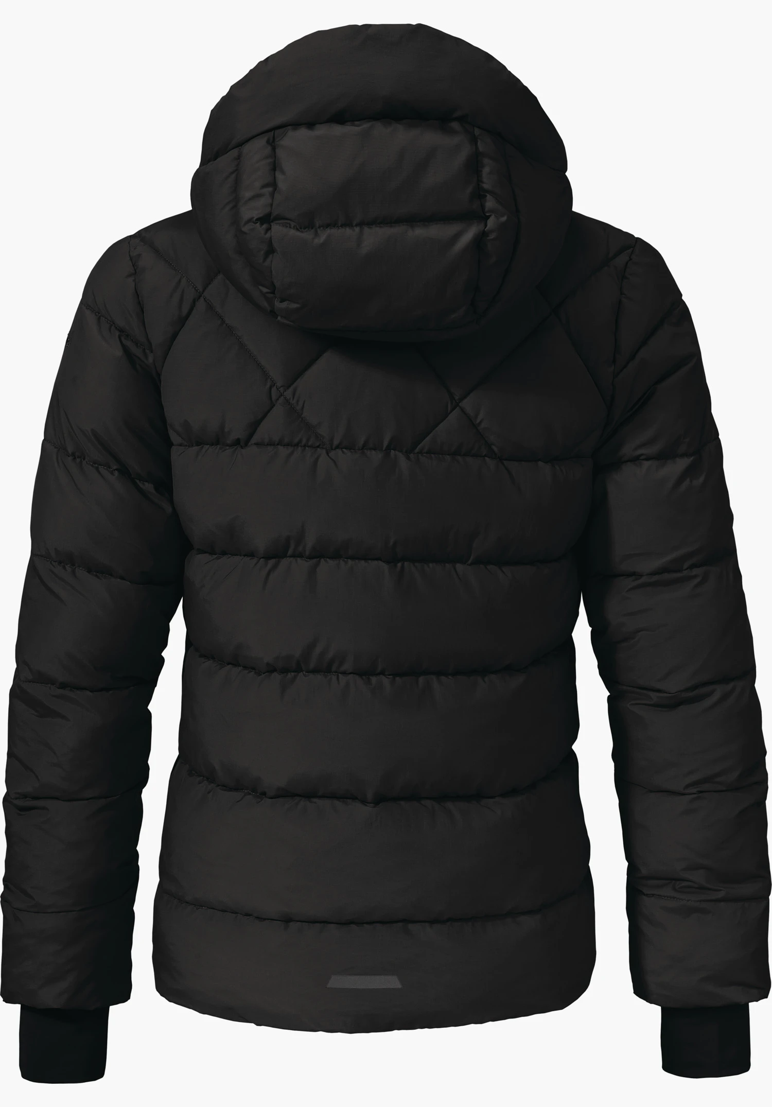 Ins Jacket Boston L black quilted jacket, shown from the back, with hood and horizontal and diagonal quilting, on a white background, neutral studio product shot.