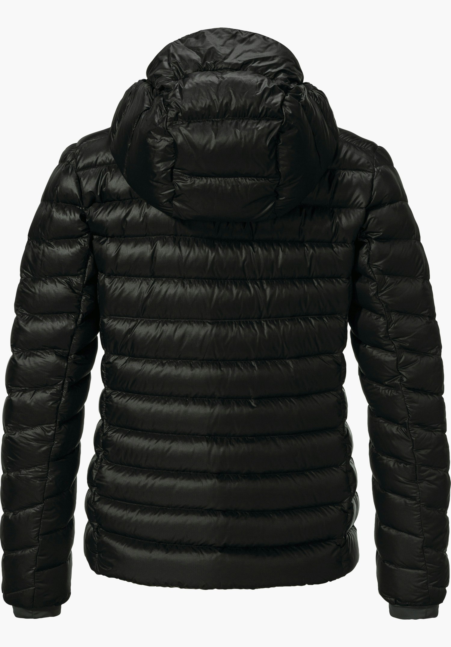 Down Jacket Silvretta L Doudoune noire, vue de dos; capuche et matelassage horizontal visibles, manches légèrement écartées, sur fond blanc uni.