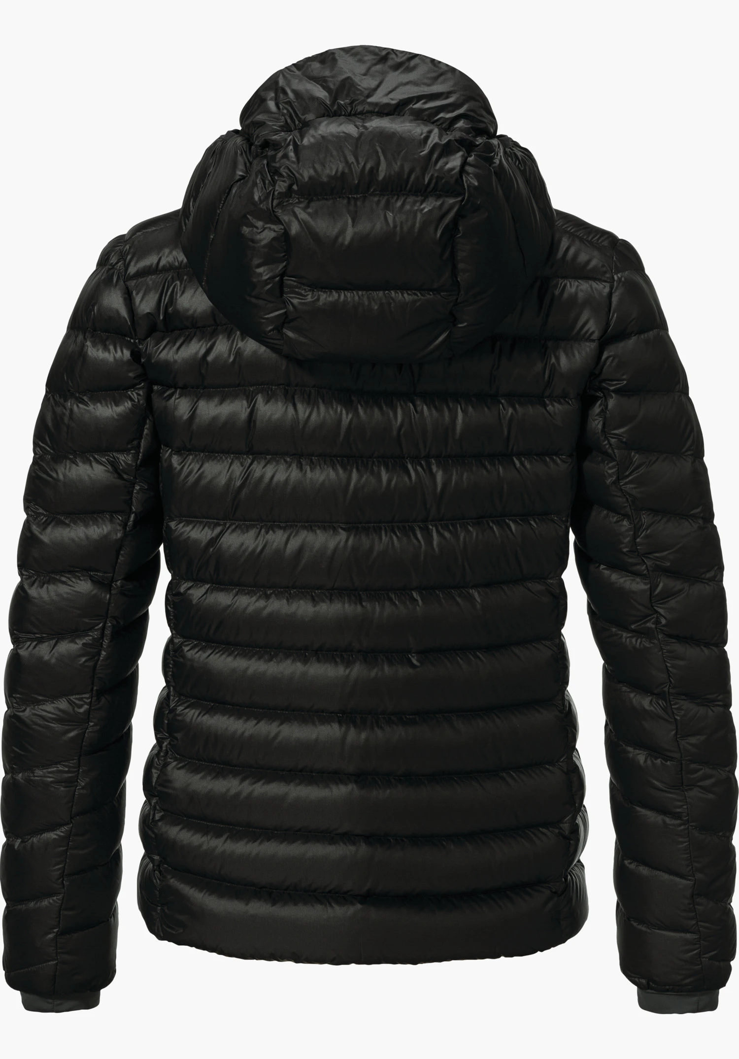 Down Jacket Silvretta L Schwarze Daunenjacke, von hinten dargestellt; Kapuze und horizontale Steppungen sichtbar, Ärmel leicht seitlich, auf einfarbigem weißen Hintergrund.
