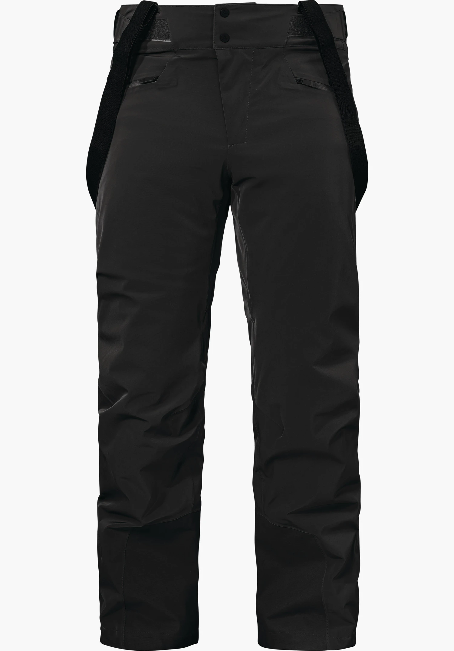Ski Pants Trevalli M black ski trousers with removable black suspenders, two zip pockets, button closure and Schöffel logo at waistband; straight cut, front view on a white background.