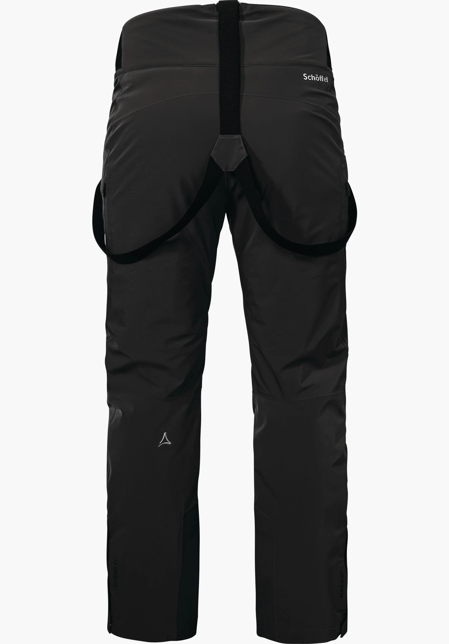 Ski Pants Trevalli M black ski trousers, rear view; shown with adjustable black braces, reinforced knee area, Schöffel logo on the lower leg. Text: Schöffel, RECCO.