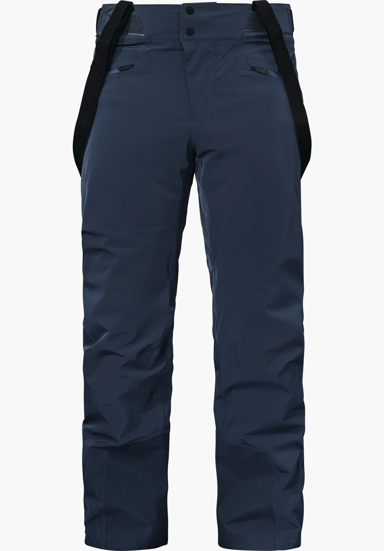 Ski Pants Trevalli M pantalon de ski bleu foncé avec bretelles noires pendantes; logo Schöffel à la ceinture; vue de face, présenté proprement sur fond blanc studio.