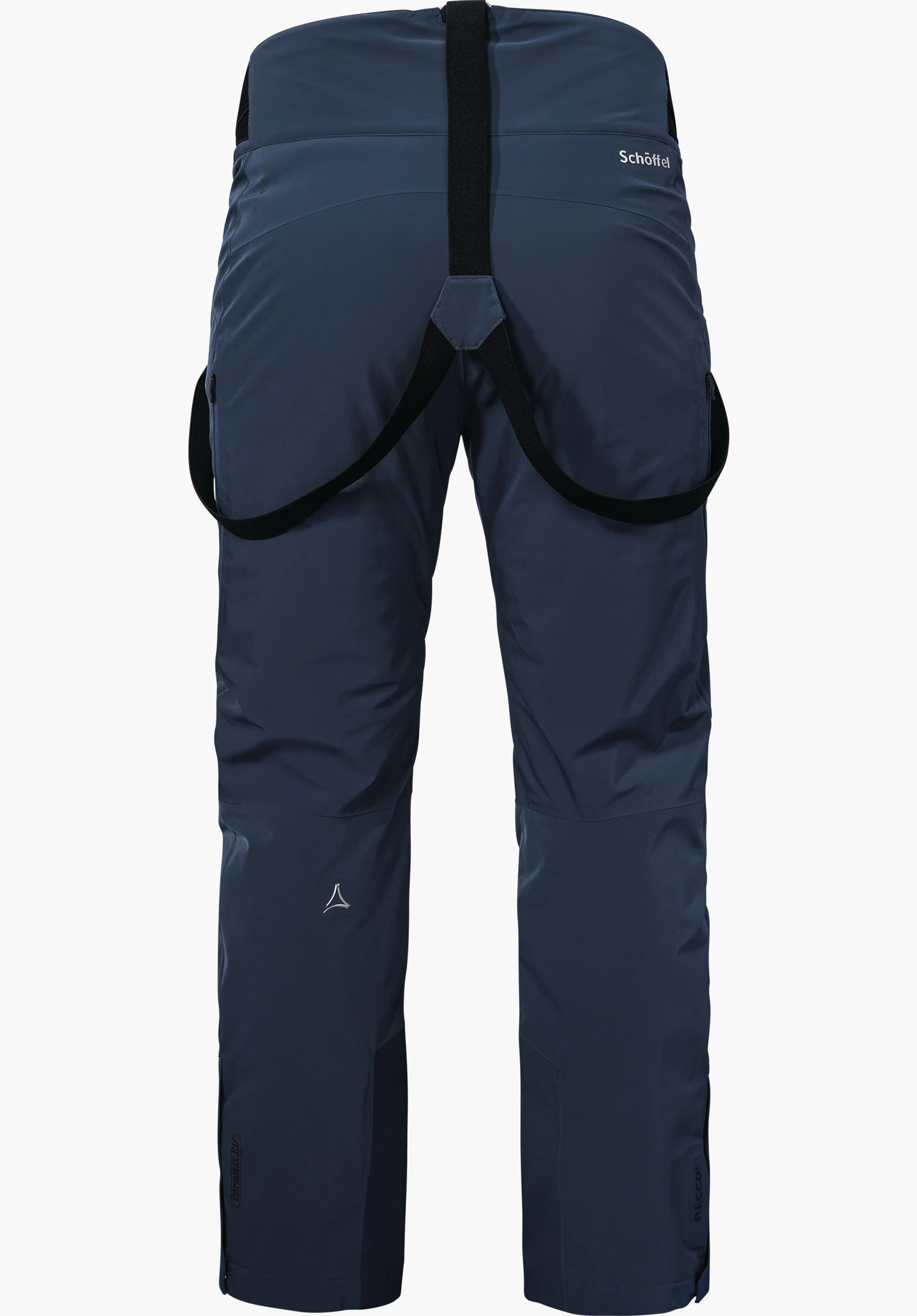 Ski Pants Trevalli M Pantalon de ski bleu foncé avec bretelles noires, vue de dos; forme cintrée, bas de jambes renforcés, logo Schöffel au mollet et inscription à la taille. Texte : Schöffel, RECCO.