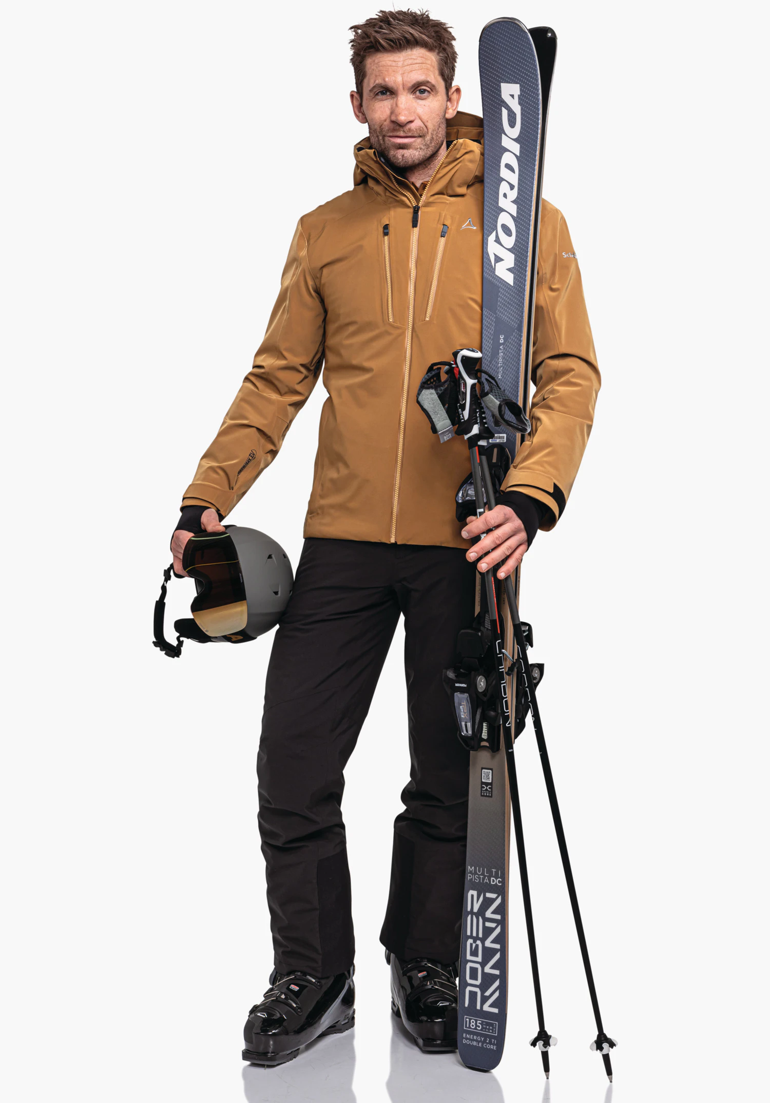 Ski Jacket Verbier M, toont het bruine functionele materiaal met het Schöffel-logo op de borst en de waterafstotende rits, close-up voor een witte/neutrale achtergrond.