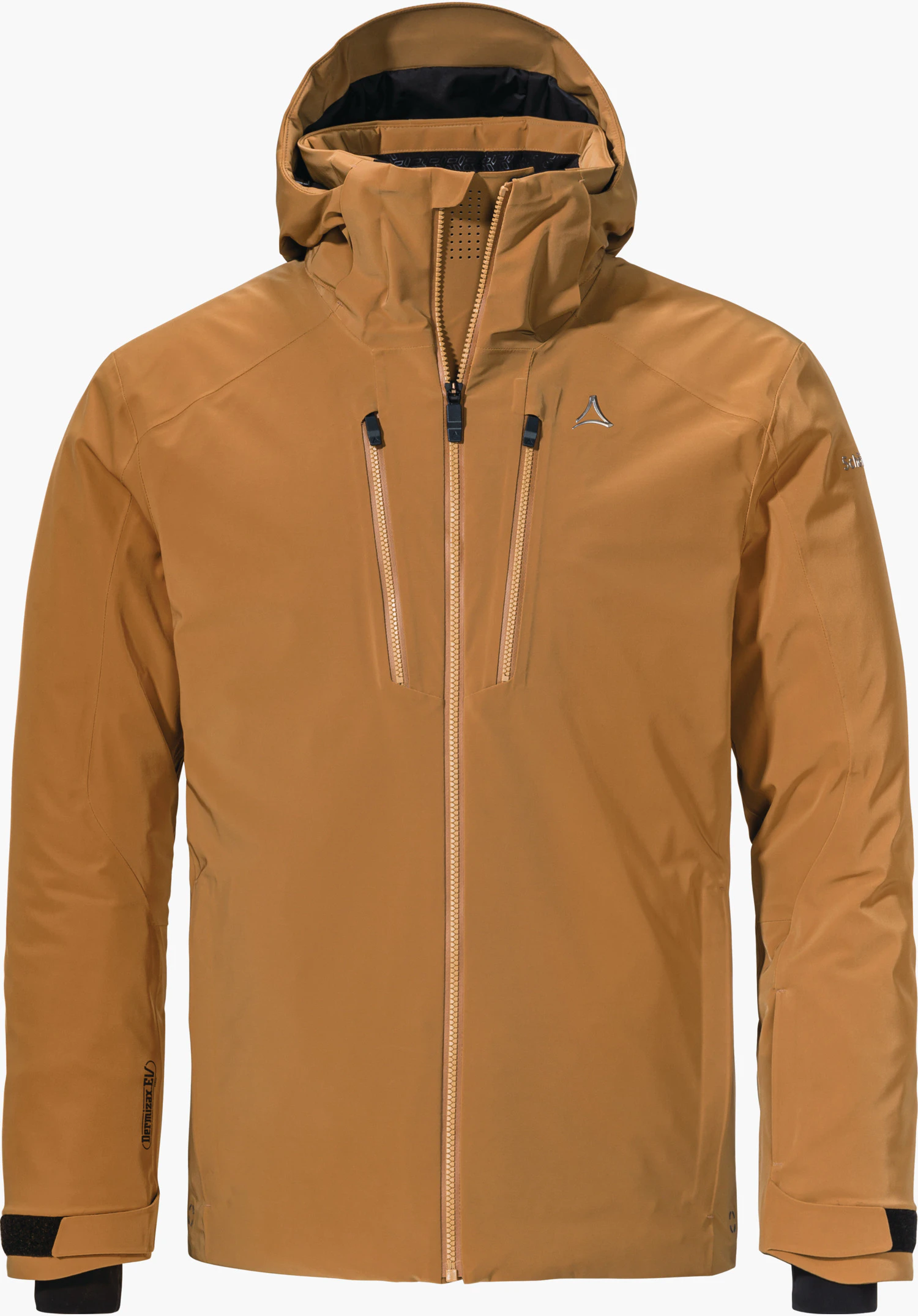 Ski Jacket Verbier M Lichtbruine skijas met capuchon, staat frontaal, rits gesloten, twee verticale borstzakken; Schöffel-logo op de borst; opschrift op mouw: “Schöffel”. Witte achtergrond.