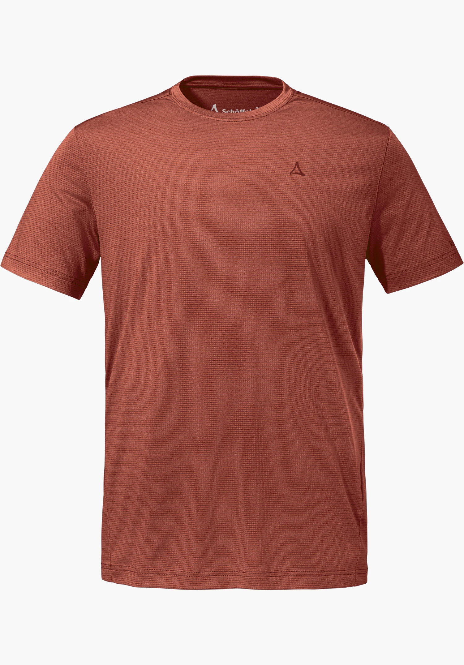 CIRC T Shirt Tauron M as a red short-sleeved shirt with a fine horizontal texture and a small Schöffel logo on the left chest, isolated on a white background.