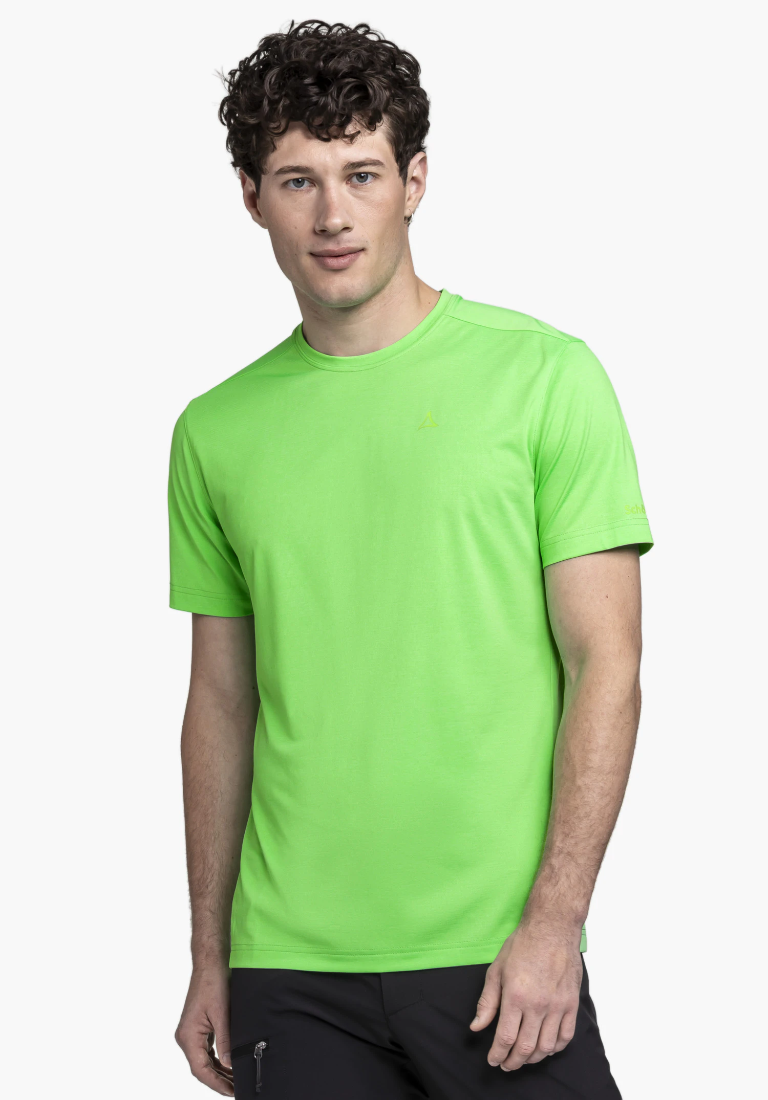 CIRC T Shirt Tauron M: The model is pictured front-on against a neutral background wearing the T-shirt in vibrant green. The Schöffel logo is subtly positioned on the chest, completing the sporty look.