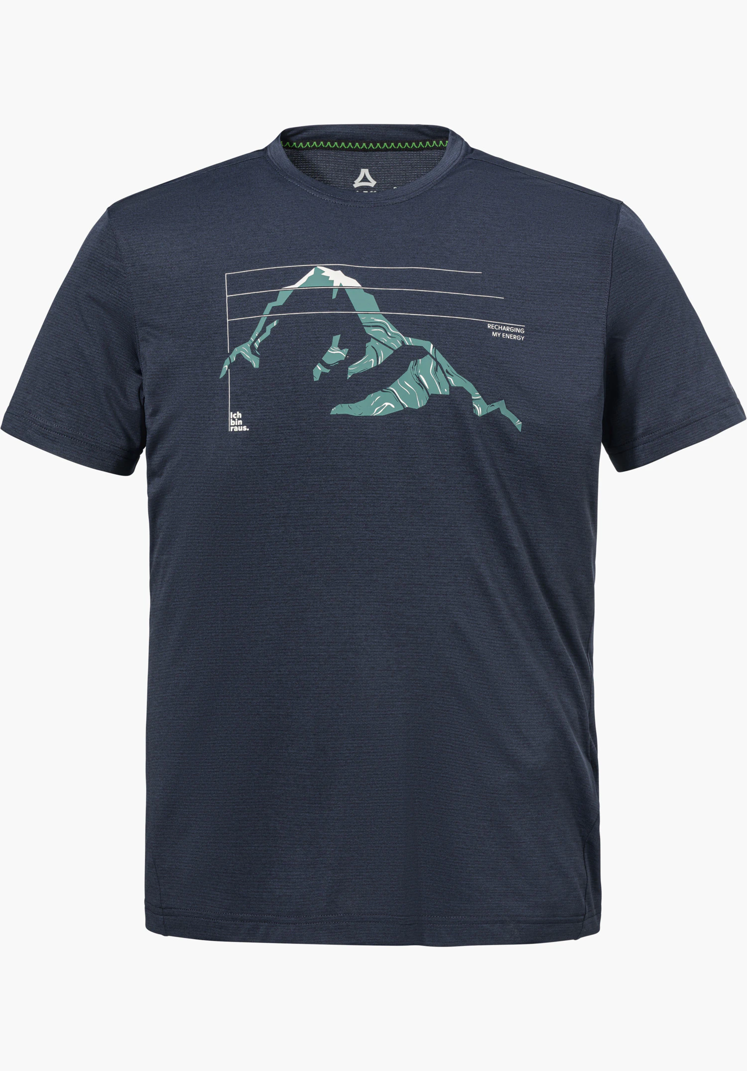 CIRC T Shirt Sulten M in Blau mit einem grafischen Bergmotiv auf der Brust und sichtbarem Schöffel-Logo im Nacken, freigestellt vor weißem Hintergrund.