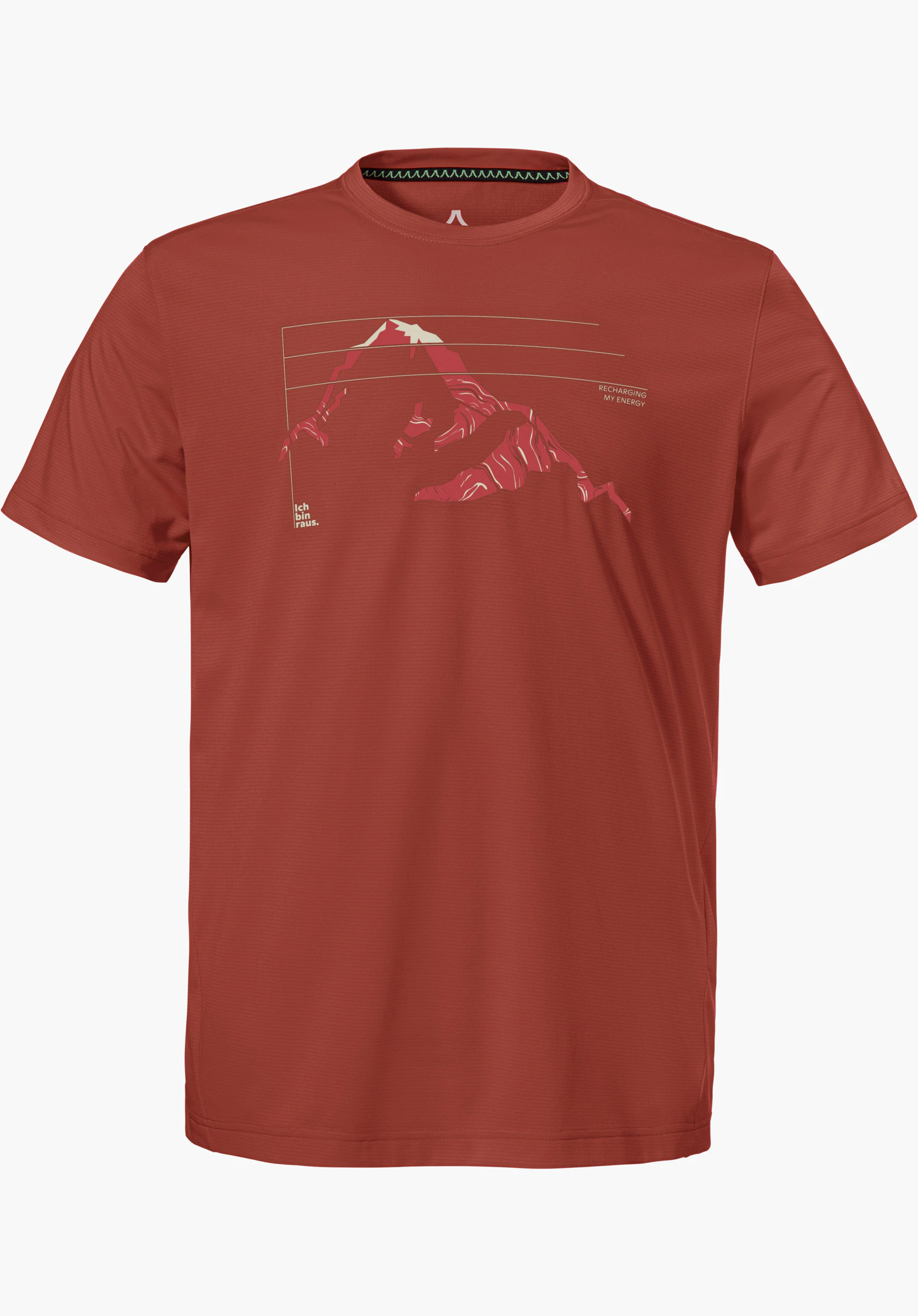 CIRC T Shirt Sulten M as a red short-sleeved shirt with a graphic mountain print on the front and the Schöffel logo in the neck area, isolated against a white background.