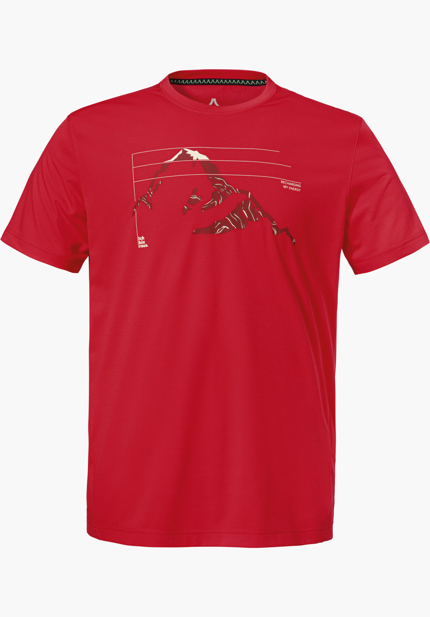 CIRC T Shirt Sulten M en rouge avec un motif graphique de montagne sur la poitrine et le logo Schöffel à l'intérieur du col, détouré sur fond blanc.