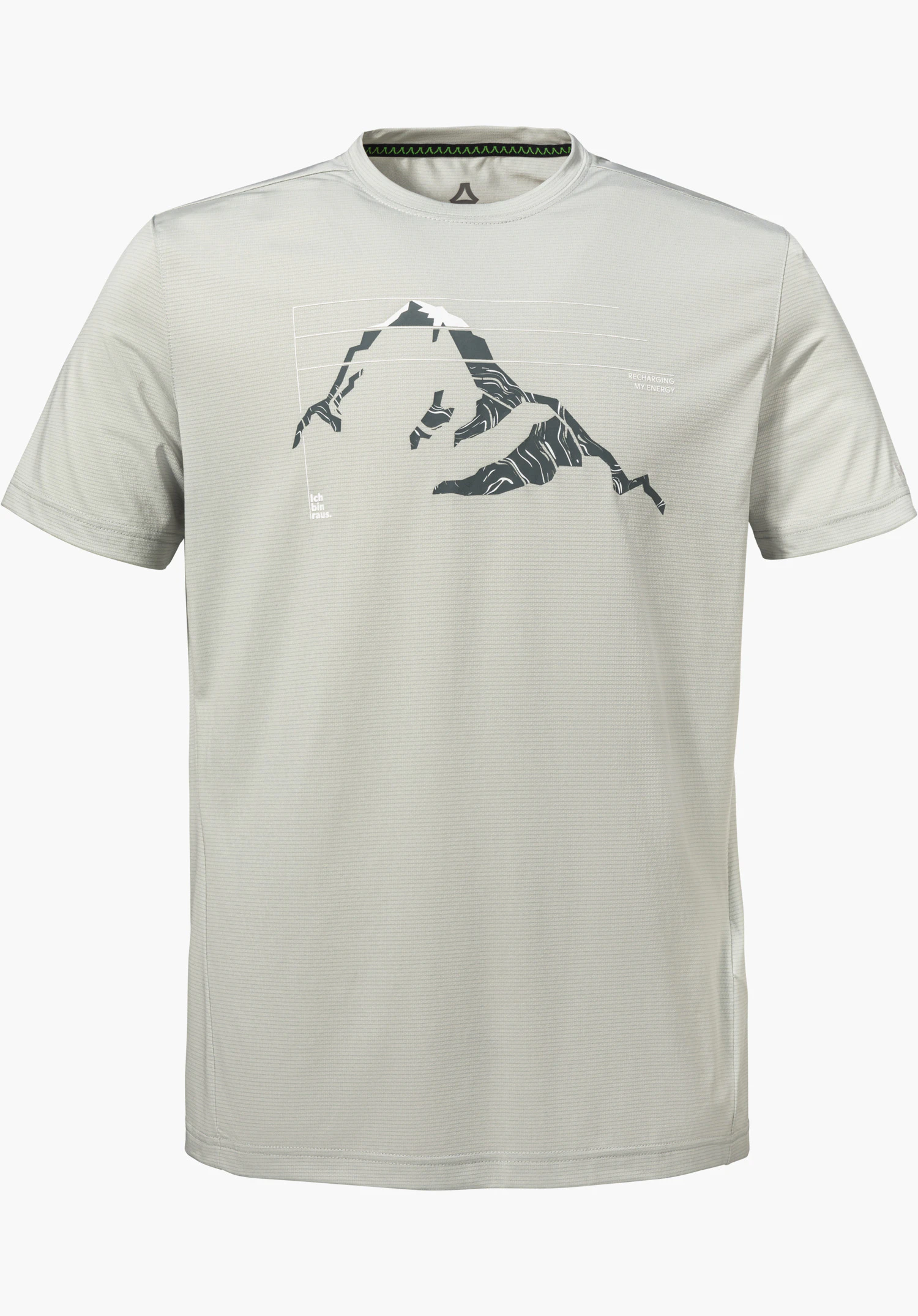 CIRC T Shirt Sulten M in Grau mit auffälliger Berg-Grafik auf der Brust und sichtbarem Schöffel-Logo im Nackenbereich, freigestellt vor weißem Hintergrund.
