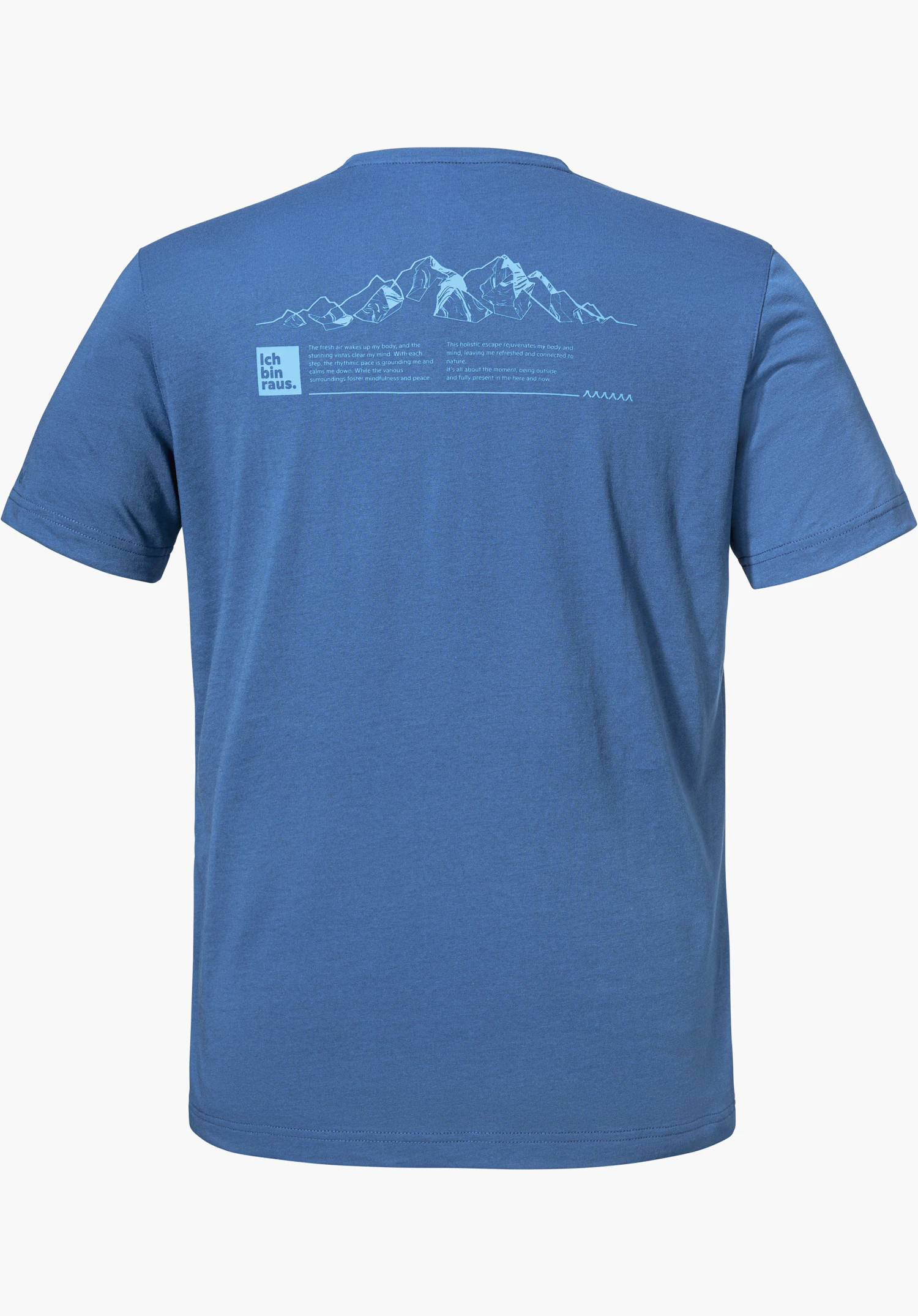 T Shirt Buchberg M en bleu montre le dos avec un imprimé graphique de montagne et le lettrage 'Ich bin raus.', détouré sur fond blanc.