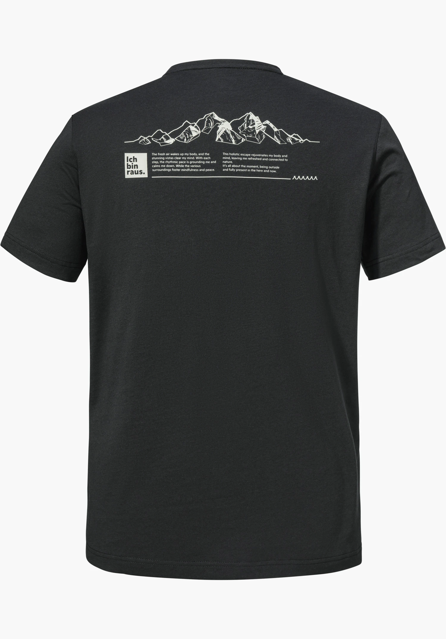 T Shirt Buchberg M in black presents the back featuring a white mountain motif and slogan print in the upper section, isolated on a white background.